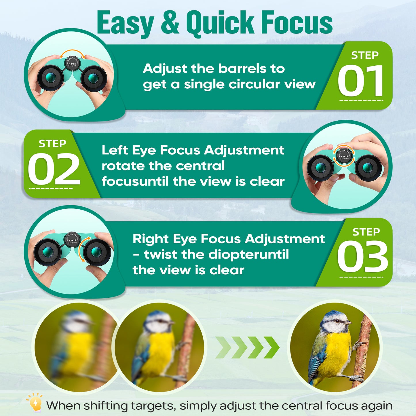 12x25 Binoculars for Kids and Adults: Compact Binoculars with Bak4, FMC- Small Lightweight Binoculars for Camping, Traveling, Bird Watching, Hiking (Green)