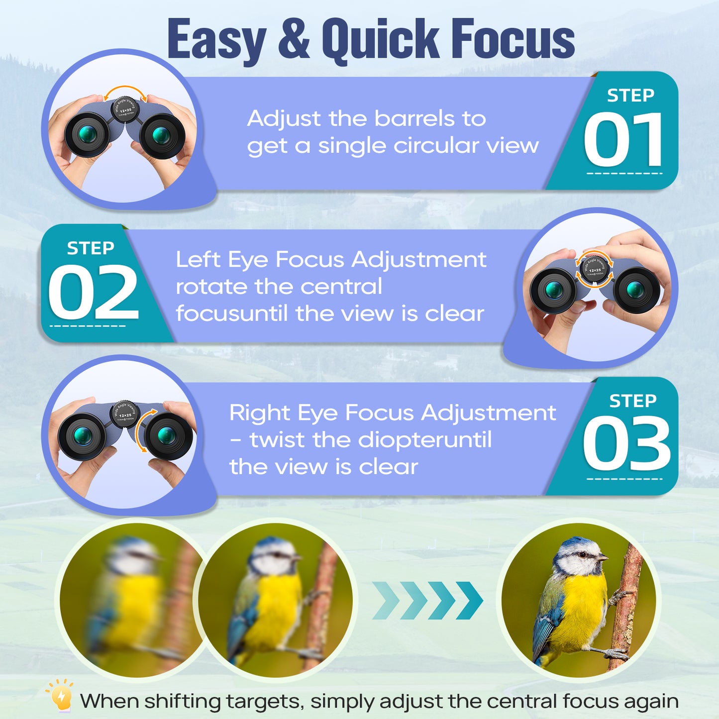 12x25 Compact Binoculars for Kids: Small Binoculars with Bak4, FMC - Ideal for Outdoor, Camping, Traveling, Bird Watching, Hiking (Blue)