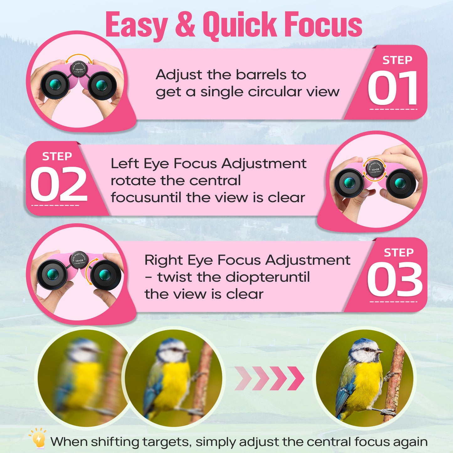 12x25 Compact Binoculars for Kids: Small Binoculars with Bak4, FMC - Ideal for Outdoor, Camping, Traveling, Bird Watching, Hiking (Pink)