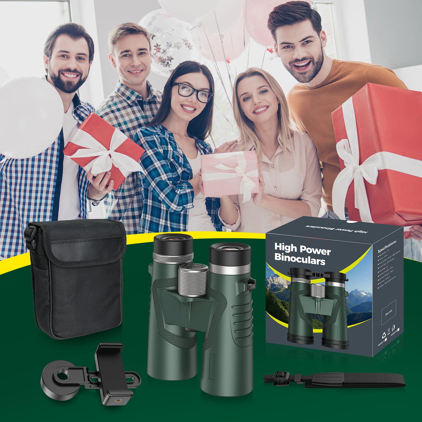 QUNSE 10x42 Compact HD Binoculars for Adults with Phone Adapter, Waterproof Binoculars with Fully Multi Coated Lens, High Powered for Bird Watching, Hunting, and Outdoor Sports (Green)