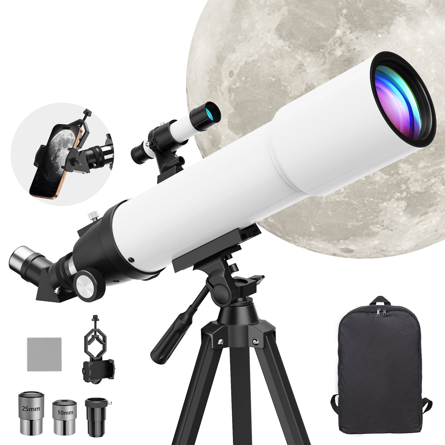QUNSE Telescope for Adults and Beginners Astronomy, 90mm Aperture 500mm Professional Refractor with 20X–150X Magnification, Phone Adapter, Aluminum Tripod and Backpack for Moon and Planet