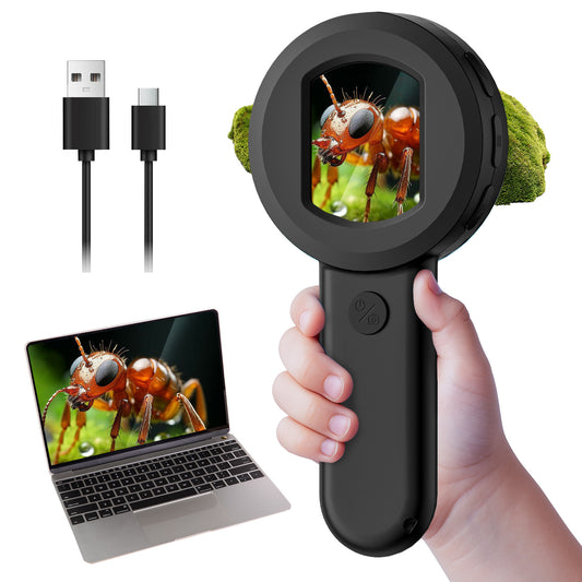 QUNSE 100X - 400X Digital Microscope for Kids, 2.0" IPS Display Handheld Science Tool with 8 LED Lights and 16MP Camera, Rechargeable Pocket Microscope, Black
