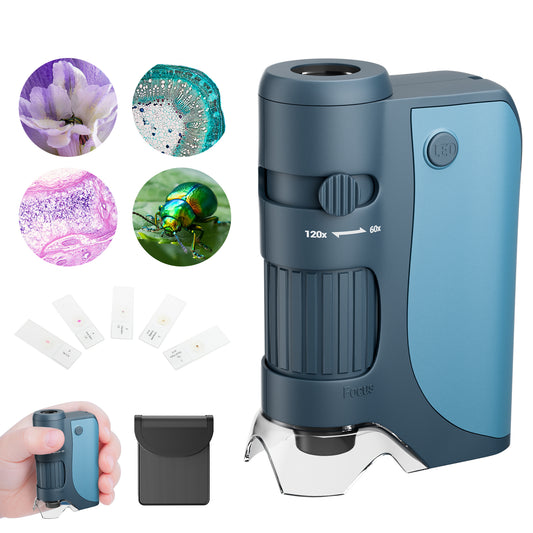 QUNSE Pocket Microscope 60X–120X True Optical, Achromatic Lens, LED and UV Light, Portable Handheld Kids Microscope for Students with 5 Prepared Slides, Phone Adapter, Carrying Bag (Blue)