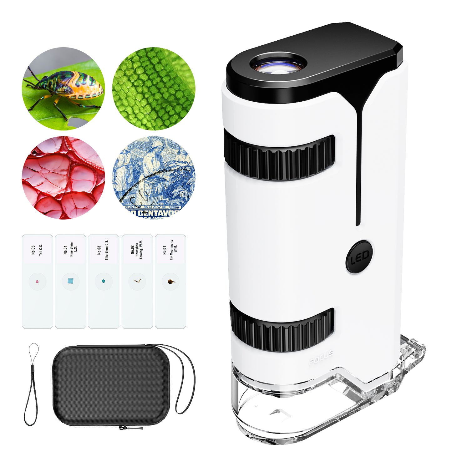 QUNSE Pocket Microscope 100x–250x, LED and UV Light, Portable Handheld Mini Microscope for Kids and Students, Semi-Apochromatic Optics, Phone Adapter, 5 Prepared Slides, EVA Case, White