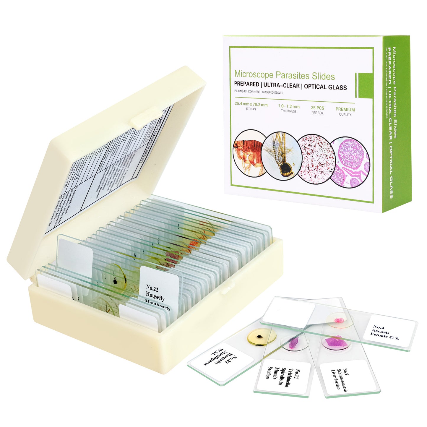 QUNSE Prepared Microscope Slides Kit for Kids and Adults, 25 Specimens Educational Science Set and Toy Gift for Students, Children, and Home School Use