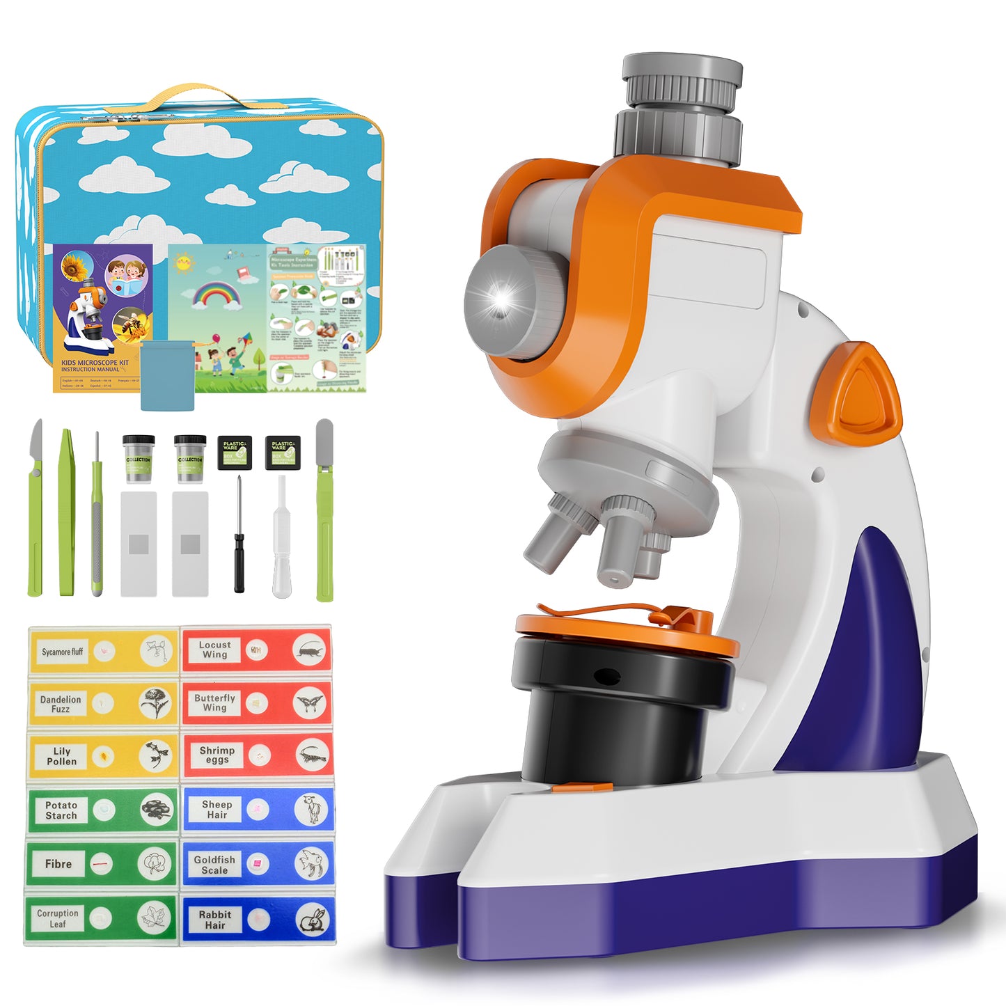 QUNSE Kids Microscope Projector Set with Dual Light, Large Focus Knobs, 20+ Accessories, STEM Science Kit, Standard Optical Microscope for Slides, Plants, Insects and DIY Experiments