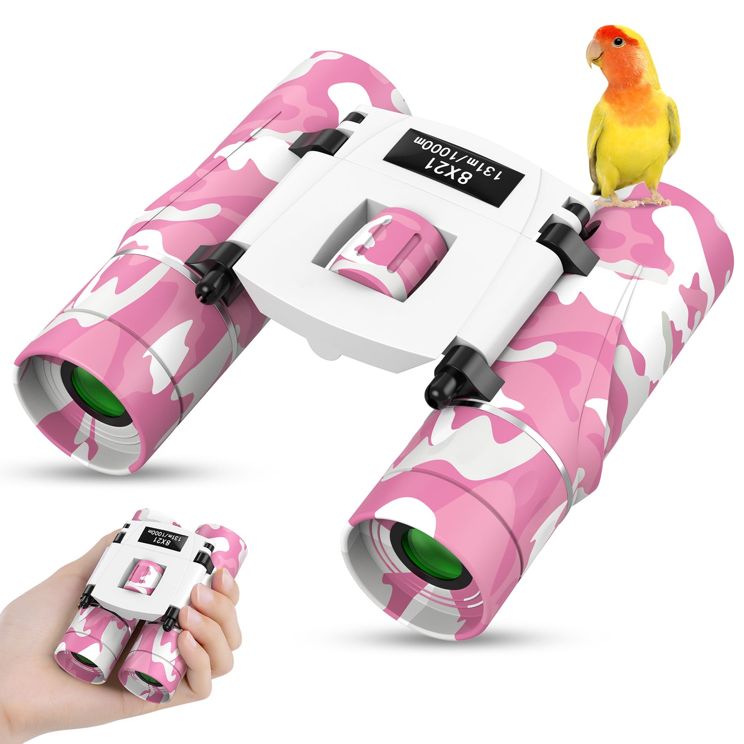 QUNSE Compact Binoculars for Kids and Adults, 8×21 Mini Pocket Binoculars, Ideal for Bird Watching, Travel, and Hunting, Great Gift for Boys and Girls (Pink and white)