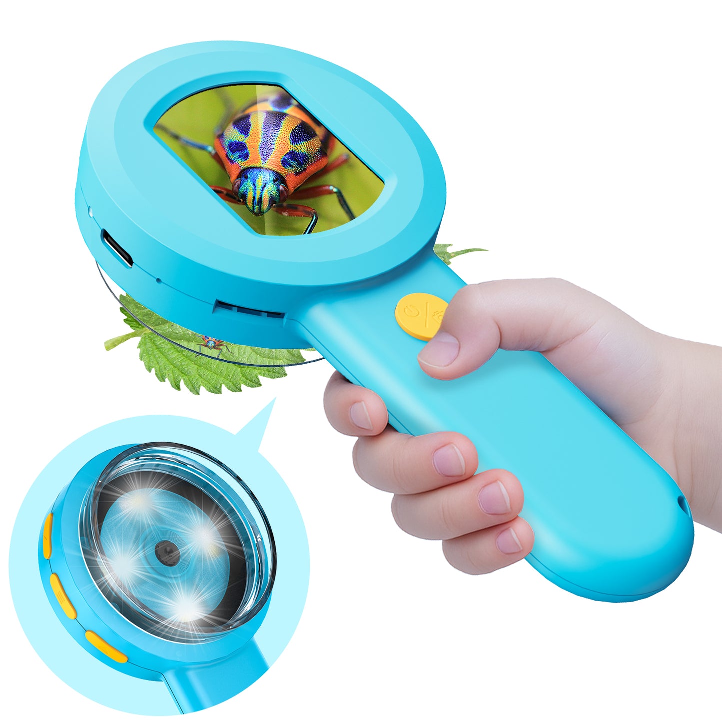 QUNSE Digital Microscope for Kids, 2.0" IPS Screen 100X - 400X Handheld STEM Science Toy with 8 LED Lights, Rechargeable Mini Pocket Microscope for Boys and Girls, Blue