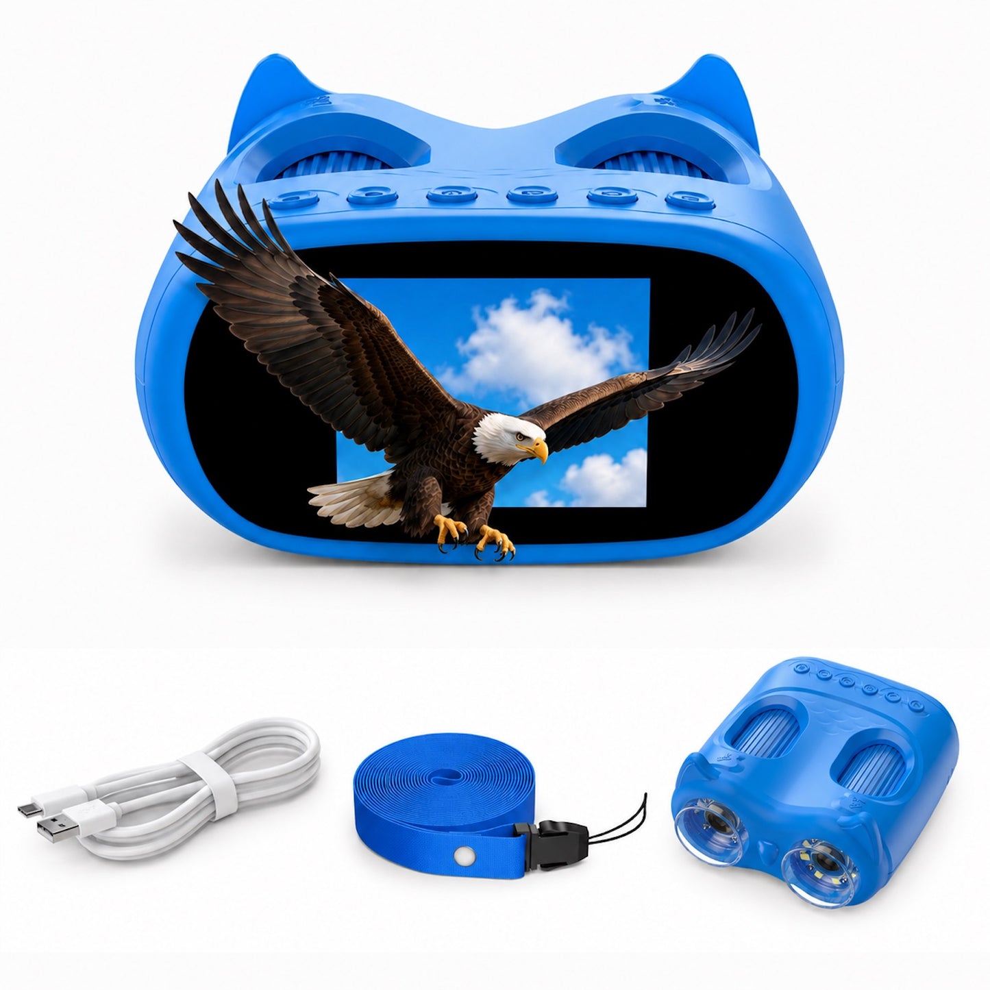 QUNSE Binoculars for Kids with 2.0" IPS Screen and Microscope, 2-in-1 Digital Binoculars with 2MP Photo & Video Camera, 8 LED Lights, 15 Slides, Rechargeable STEM Explorer, Blue