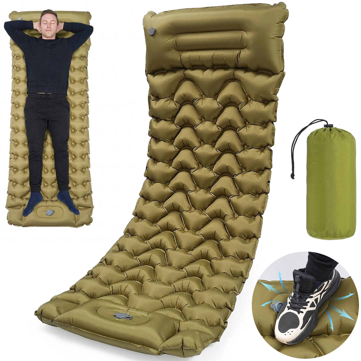 QUNSE Camping Sleeping Pad 5.91" Thick, Extra Wide Inflatable Sleeping Mat with Built-in Pillow & Foot Pump, Supports up to 400lb, Lightweight and Durable for Backpacking, Hiking, Car Camping