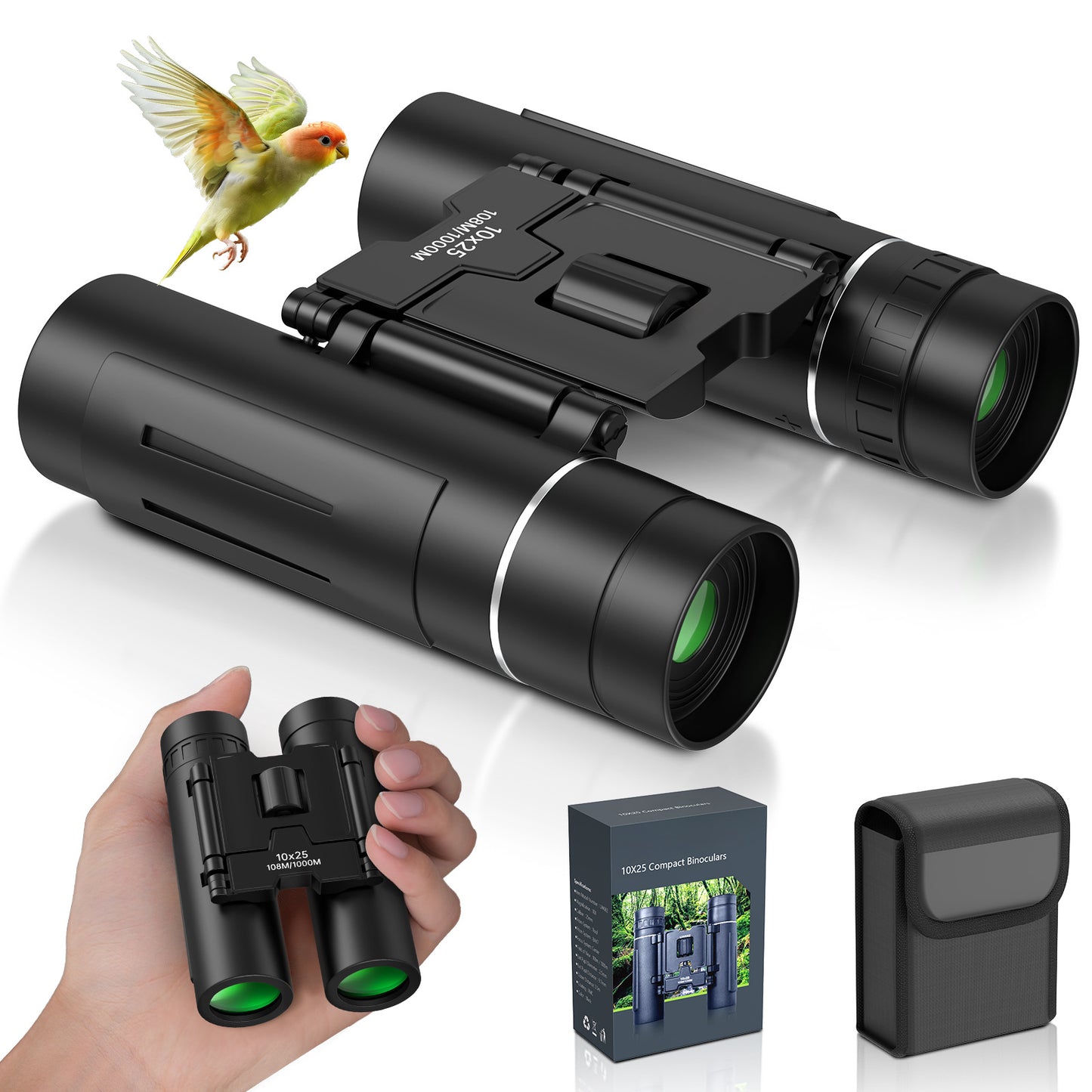 QUNSE 10x25 Small Compact Binoculars for Adults, Mini Pocket Portable Binoculars with Low Light Vision for Bird Watching, Hunting, Travel, and Sightseeing, Comes with Carrying Bag