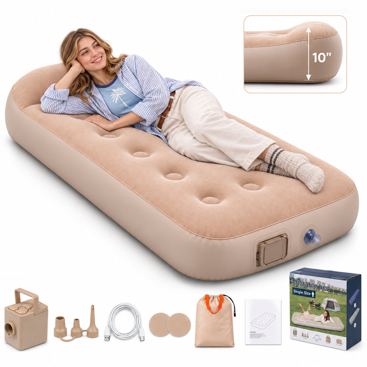 Inflatable Air Mattress, 10'' Extra Thick Pillow, 441 lbs Weight Capacity & Built‑in Rechargeable Pump, Blow Up Mattress for Tent, Camping, Cot, Car (Twin)