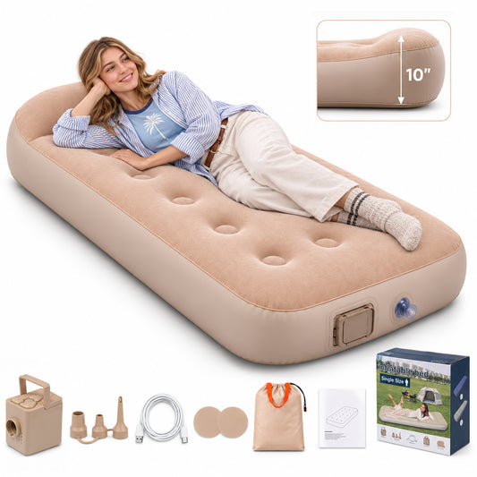 Inflatable Air Mattress, 10'' Extra Thick Pillow, 441 lbs Weight Capacity & Built‑in Rechargeable Pump, Blow Up Mattress for Tent, Camping, Cot, Car (Twin)