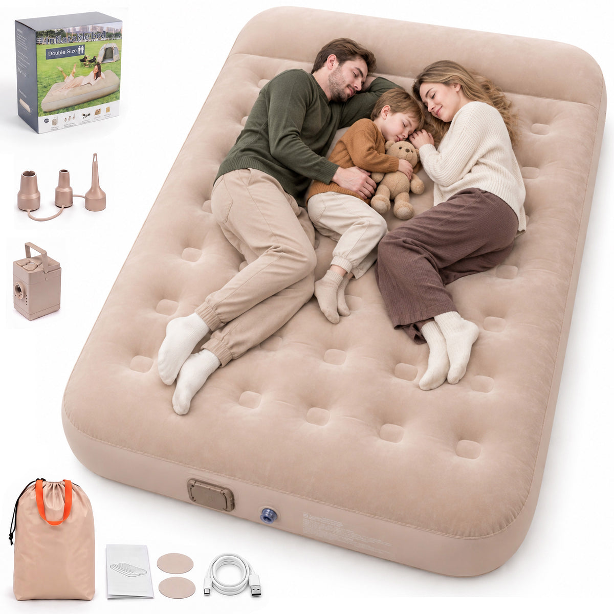 Inflatable Air Mattress, Built‑in Rechargeable Pump, 10'' Extra Thick Pillow & 882 lbs Weight Capacity, Camping Mattress for Tent, Camping, Cot, Car (Full)