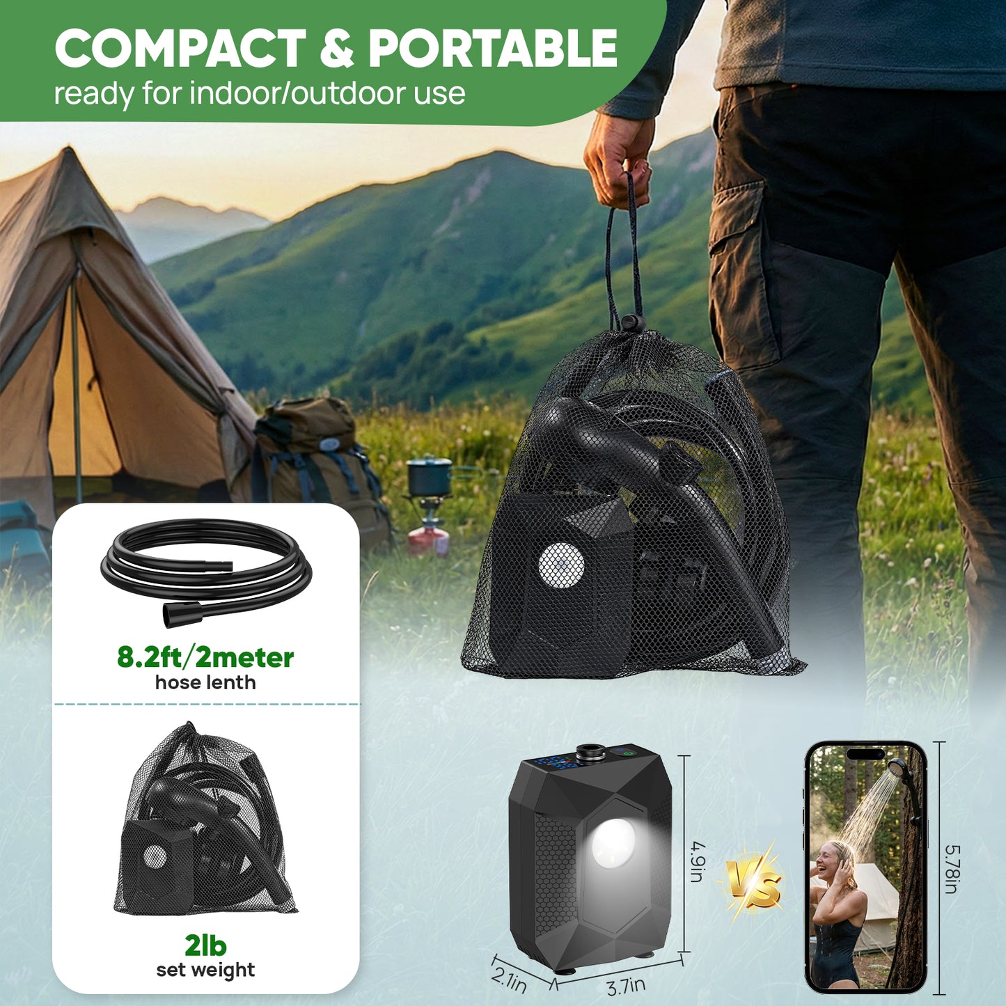 Portable Shower for Camping: Rechargeable Camping Shower Pump 130-Min Runtime, 5 Pressure Levels with Built-in LED, IPX8 Waterproof - Ideal for Beaching, Gardening, Pet, Car