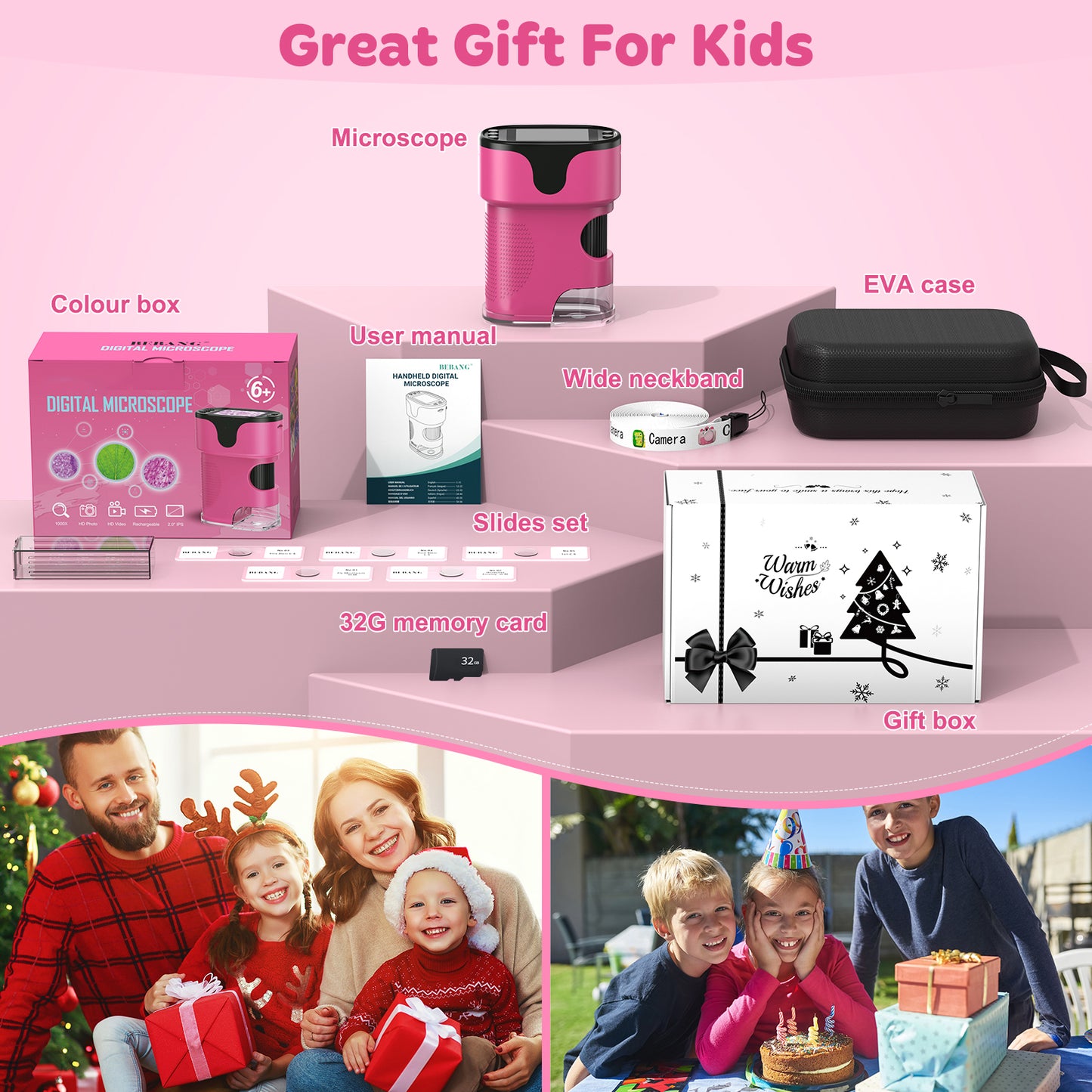 QUNSE Kids Microscope 1000X with 4K Screen, Rechargeable Digital Handheld Pocket Microscope, Portable Science Kit with Slides for Kids (Pink)