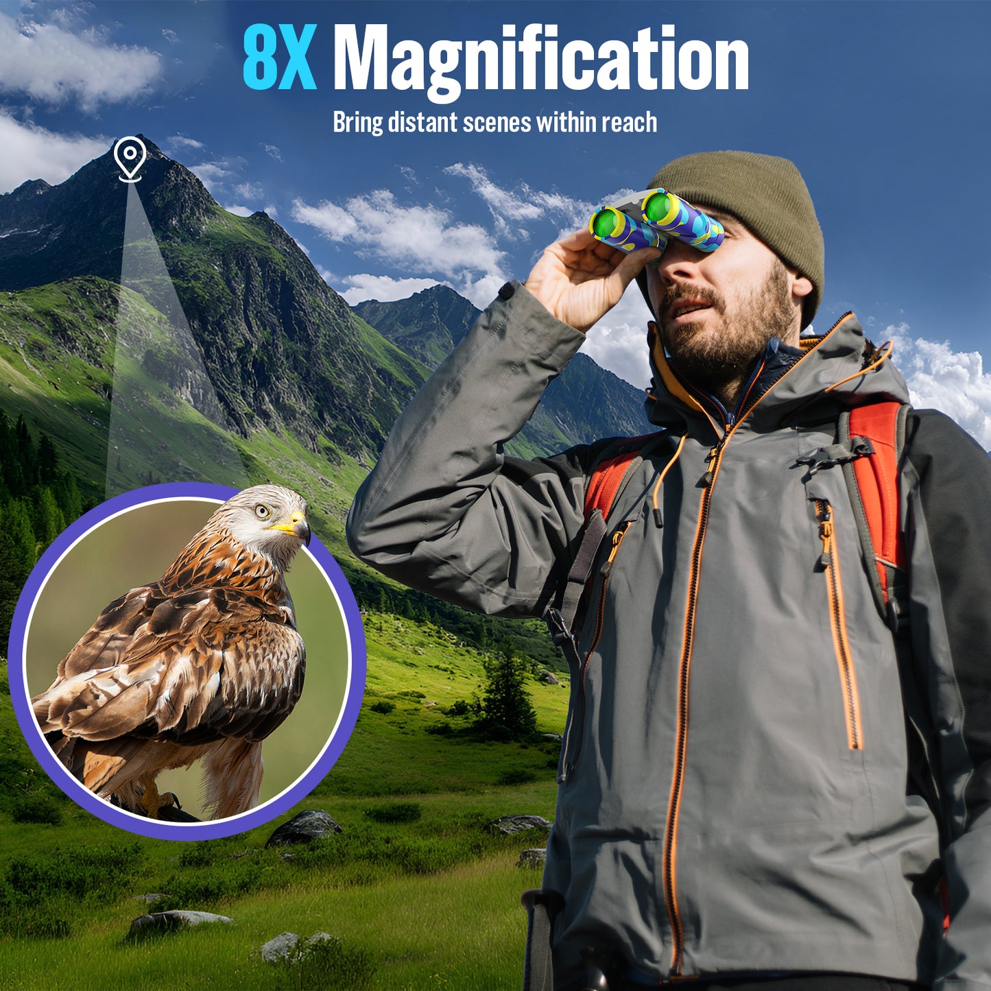 QUNSE 8×21 Compact Binoculars for Kids and Adults, Pocket Mini Binoculars, Ideal for Bird Watching, Travel, and Hunting, Great Gift for Boys and Girls (Yellow and blue)