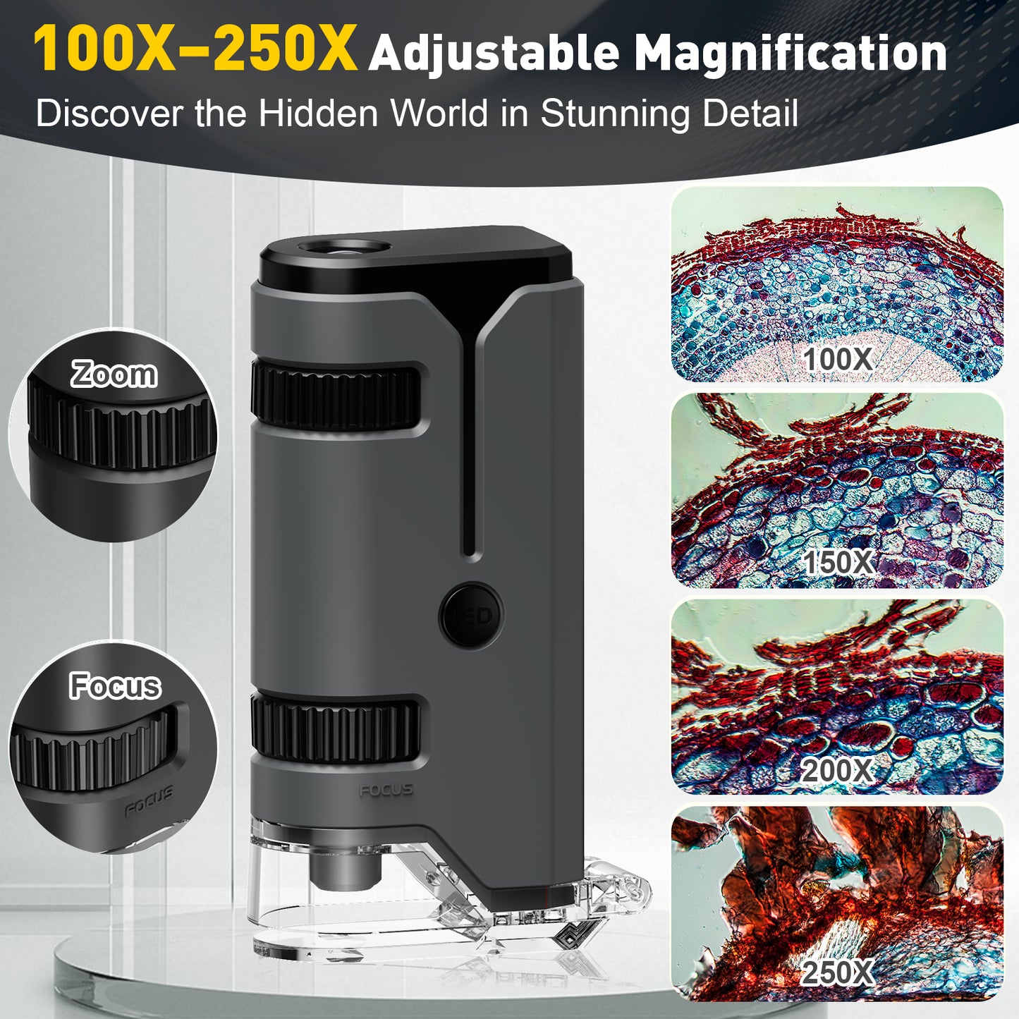 QUNSE STEM Pocket Microscope 100x–250x for Kids, Portable Handheld with LED and UV Light, Phone Adapter, 5 Slides, EVA Carry Case, Grey