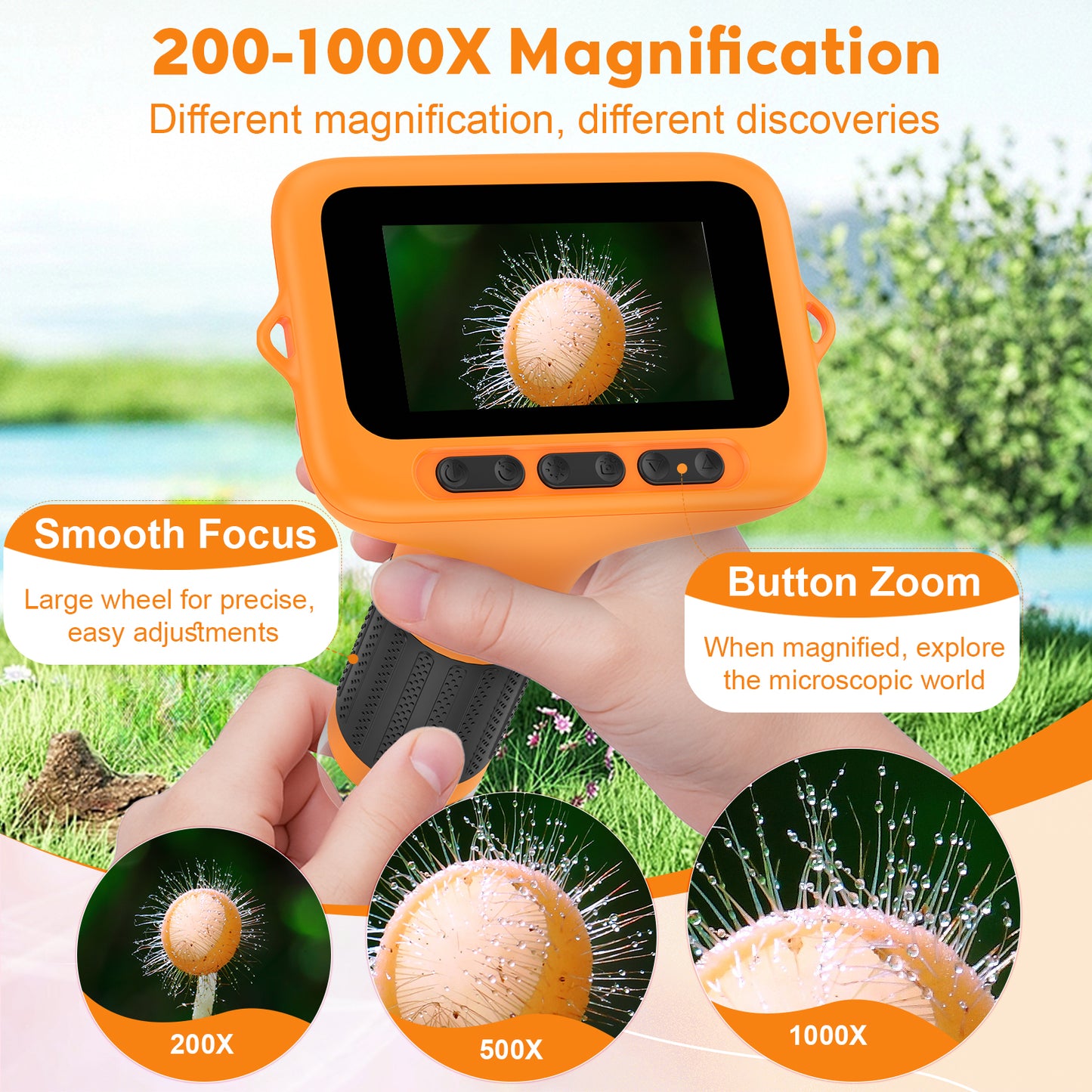 QUNSE 1000X Digital Microscope for Kids with 3-Inch IPS Screen, Rechargeable Handheld Pocket Microscope with Photo and Video, 8 LED Lights, Compatible with Windows and Mac (Orange Black)