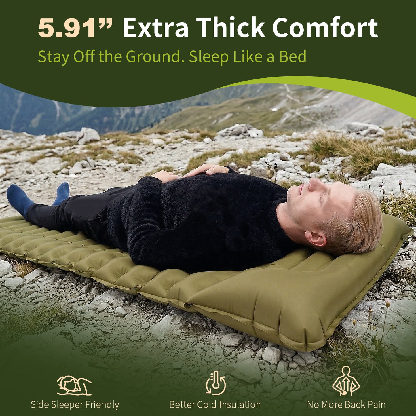 QUNSE Camping Sleeping Pad 5.91" Thick, Extra Wide Inflatable Sleeping Mat with Built-in Pillow & Foot Pump, Supports up to 400lb, Lightweight and Durable for Backpacking, Hiking, Car Camping