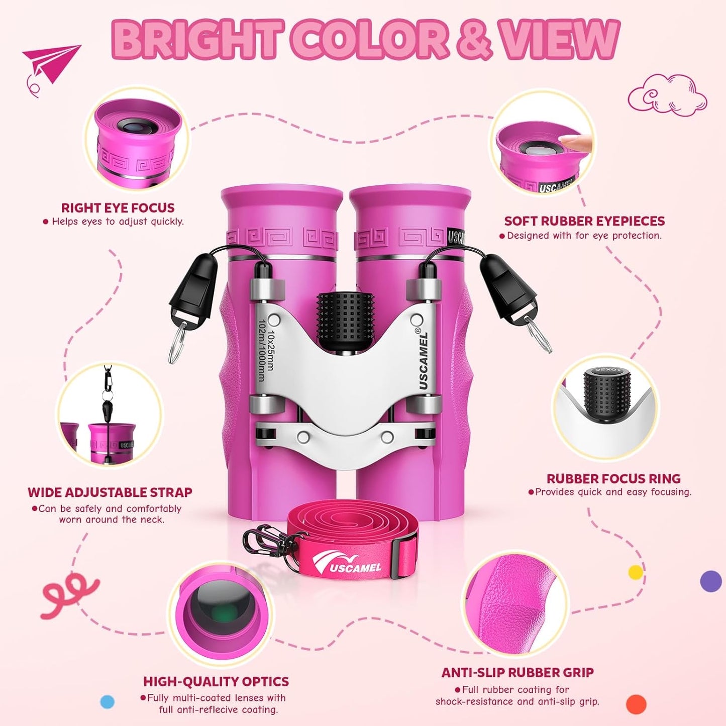 QUNSE 10x25 HD Waterproof Binoculars for Adults and Kids, Compact Travel Binoculars with BAK-4 Prism, Fully Multi-Coated Optics, Low Light Vision, Bird Watching, Hunting, Travel, Sightseeing (Pink)