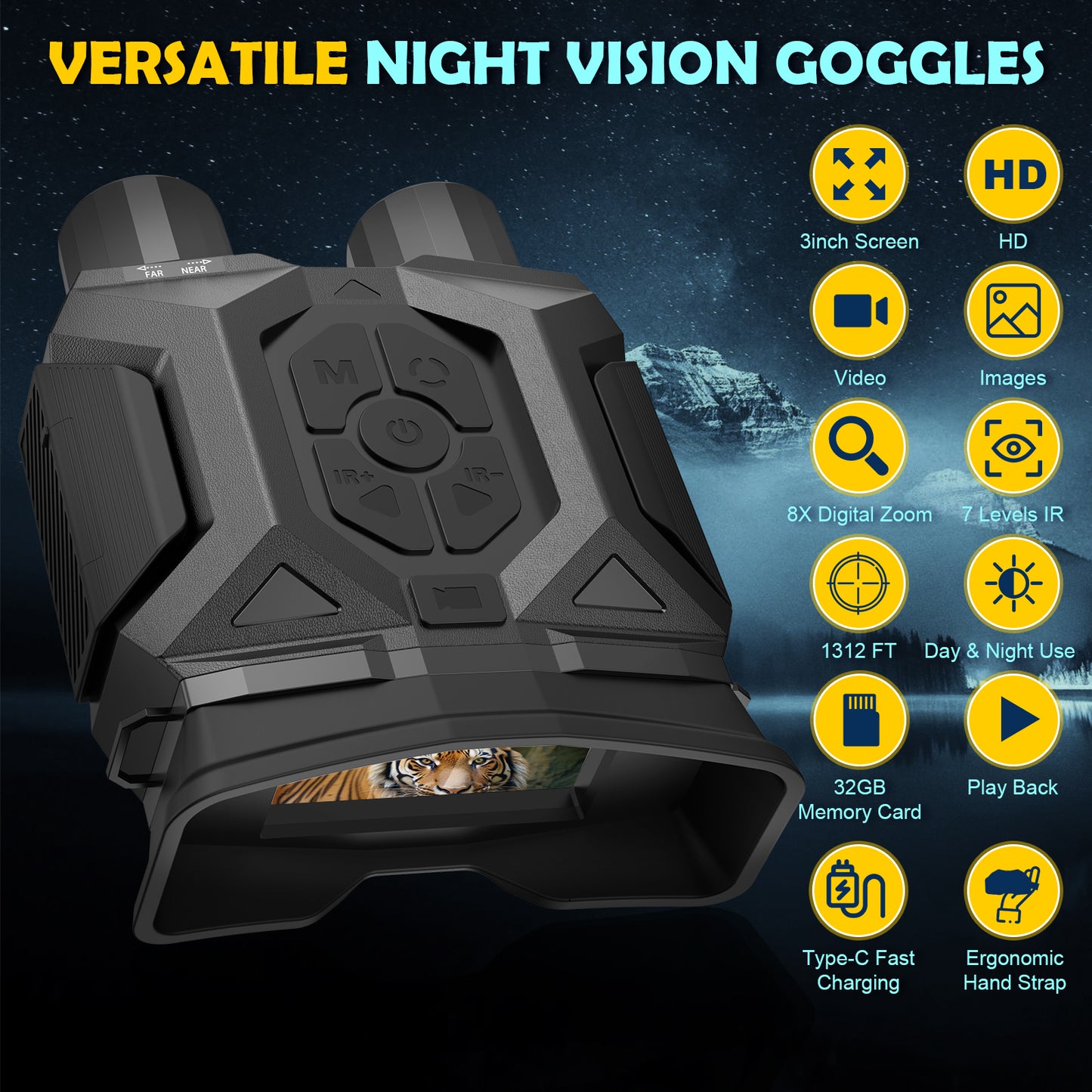 QUNSE Night Vision Goggles, Night Vision Binoculars for Adults with 3" HD Screen, 8X Digital Zoom, 7-Level IR Illuminator, 36MP Photo & 1080P Video, 1312FT Full Dark Range for Hunting and Camping