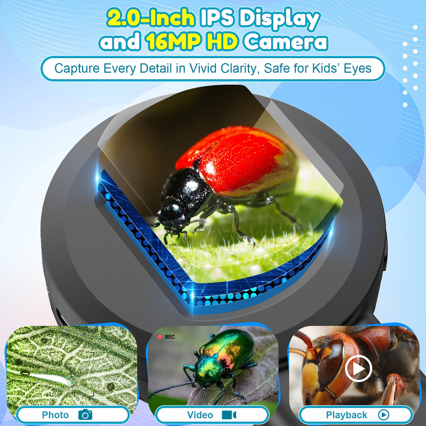 QUNSE 100X - 400X Digital Microscope for Kids, 2.0" IPS Display Handheld Science Tool with 8 LED Lights and 16MP Camera, Rechargeable Pocket Microscope, Black