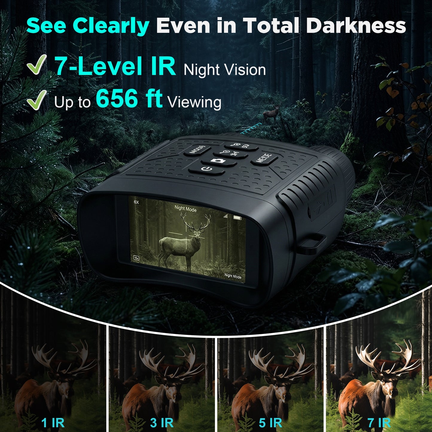 QUNSE Night Vision Goggles for Adults, 30MP 2.5K Night Vision Binoculars with 656FT Range, 7-Level IR, 6X Zoom, 3" HD Screen, Rechargeable for Hunting, Camping & Security