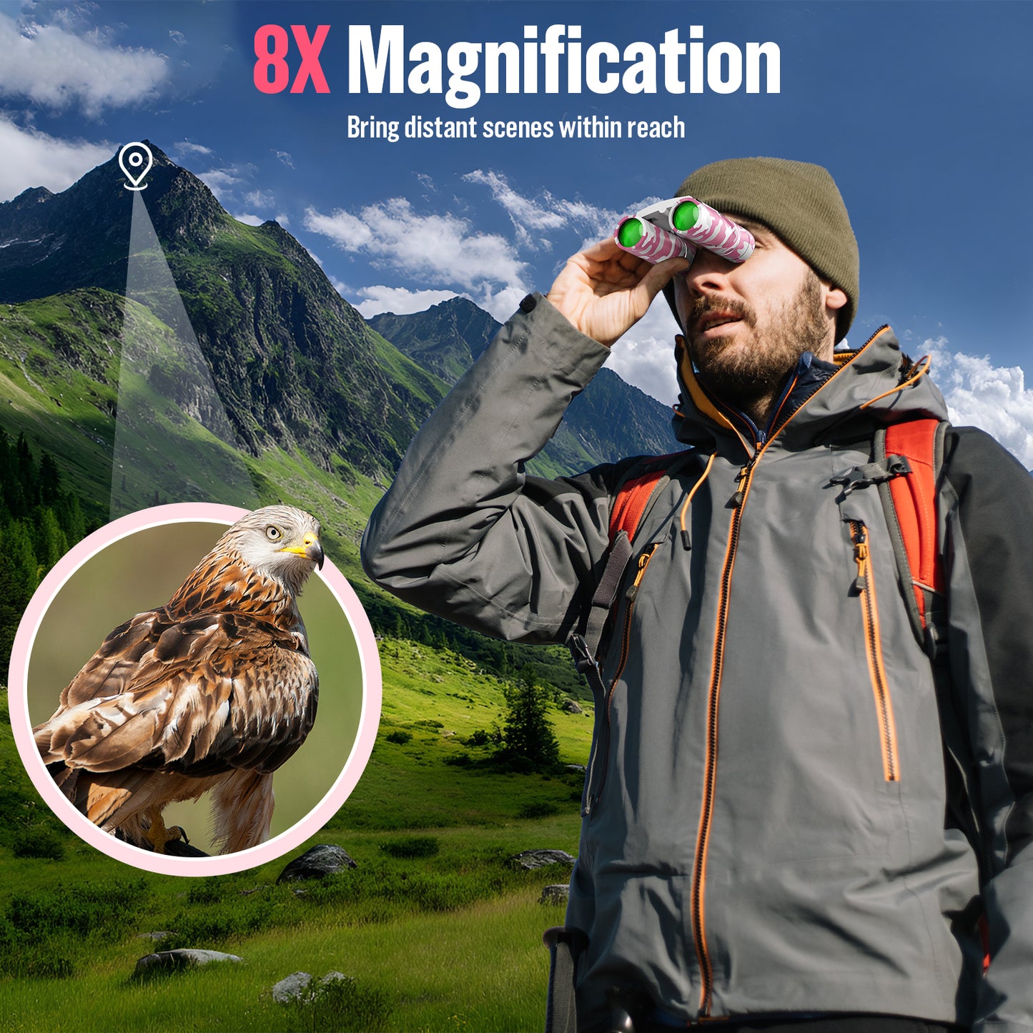 QUNSE Compact Binoculars for Kids and Adults, 8×21 Mini Pocket Binoculars, Ideal for Bird Watching, Travel, and Hunting, Great Gift for Boys and Girls (Pink and white)