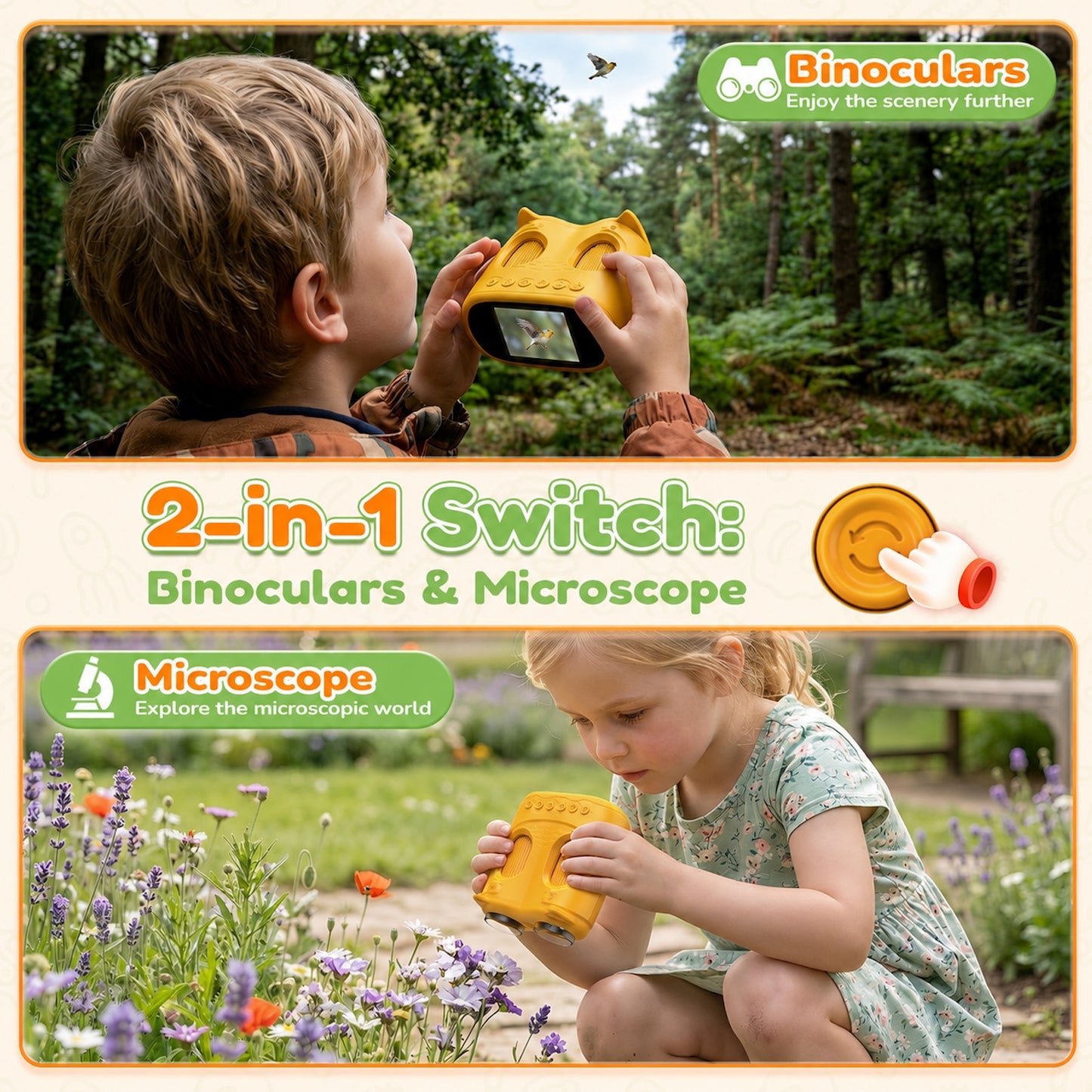 QUNSE Binoculars for Kids with 2.0" IPS Screen, 2-in-1 Digital Binoculars and Microscope with 2MP Camera, 8 LED Lights, Photo Video, 15 Slides, Rechargeable STEM Toy for Outdoor Exploration