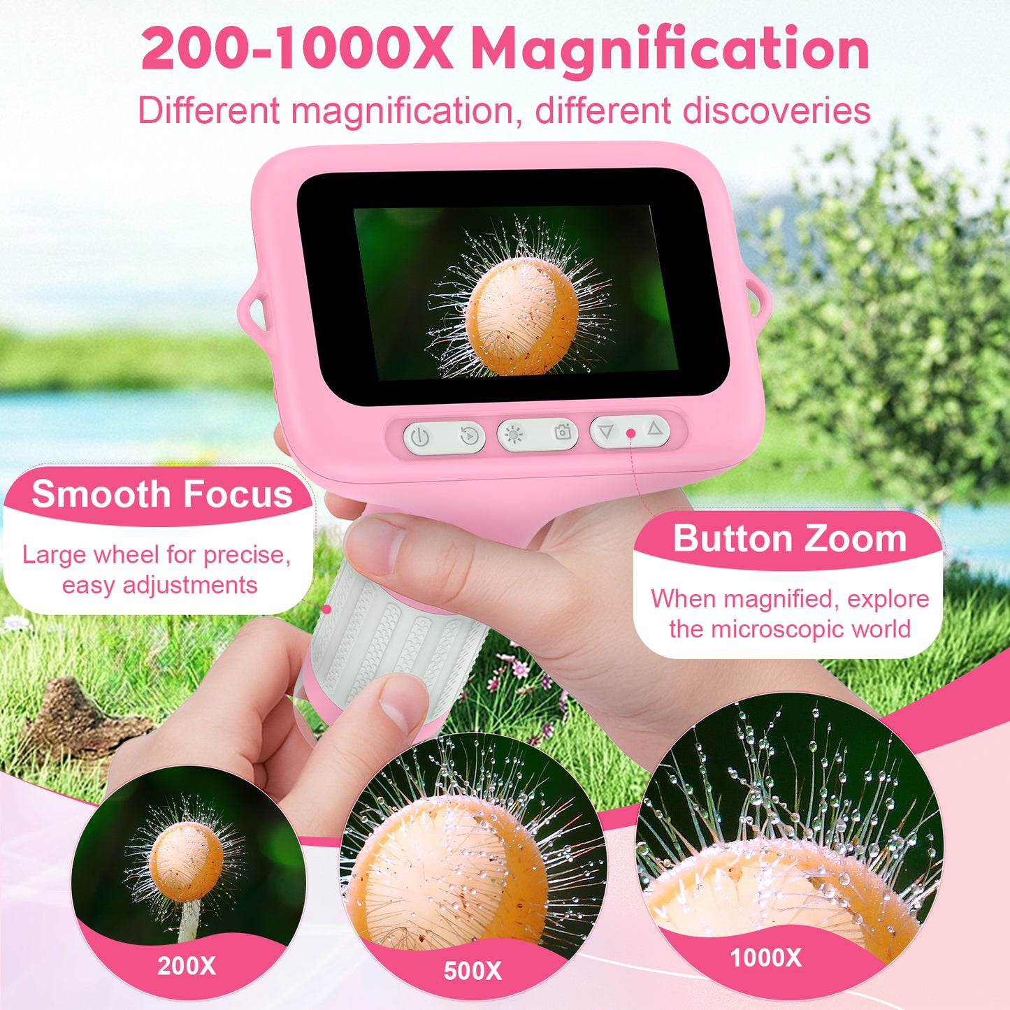 QUNSE 3-Inch IPS Screen 1000X Digital Microscope for Kids, Photo and Video Function, 8 LED Lights, Rechargeable Handheld Pocket Microscope, Compatible with Windows and Mac (Pink Gray)