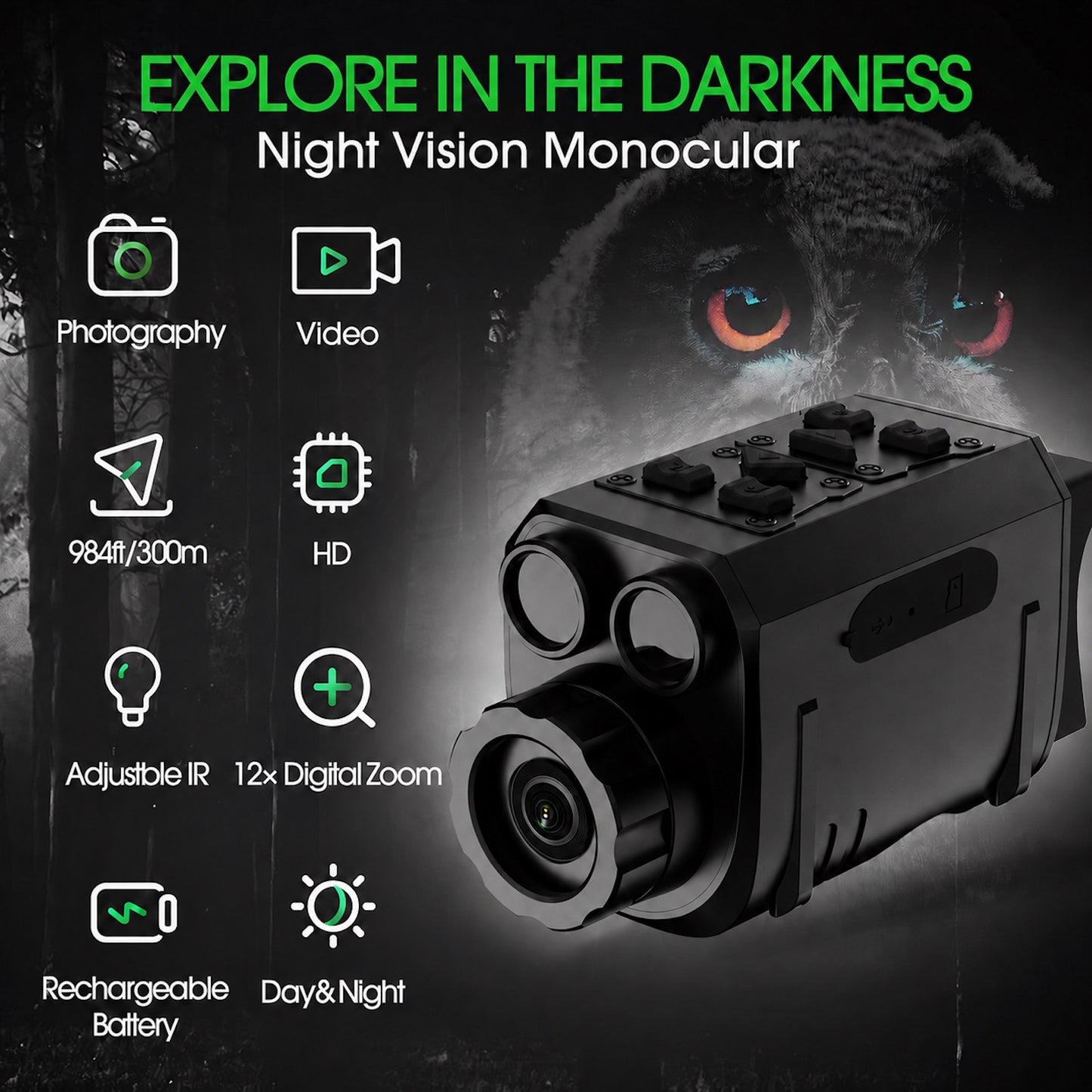 QUNSE 4K 40MP Night Vision Monocular, 12X Digital Night Vision with 850nm Infrared, 984FT Range, 2400mAh Rechargeable Battery, 8GB Card and 3-Mode Flashlight for Camping and Wildlife Watching