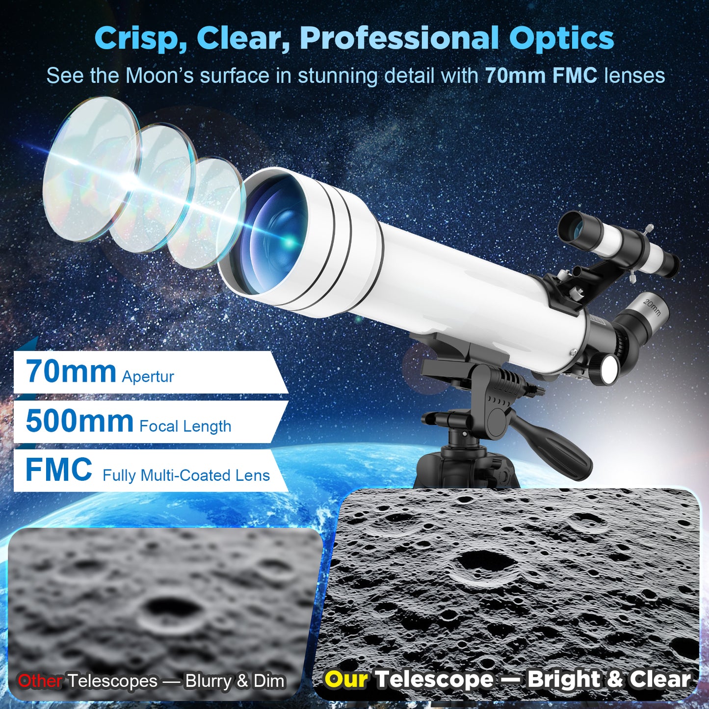 QUNSE 70mm Aperture 500mm Refractor Telescope for Adults, Kids, and Beginners, Portable Astronomical Telescope with Adjustable Tripod, Phone Adapter, Carry Bag for Moon and Planet Viewing