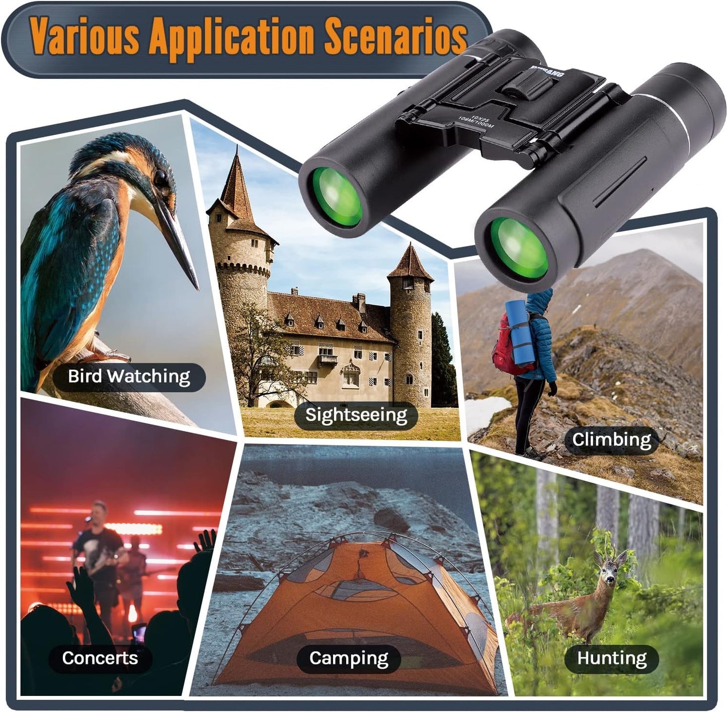 QUNSE 10x25 Small Compact Binoculars for Adults, Mini Pocket Portable Binoculars with Low Light Vision for Bird Watching, Hunting, Travel, and Sightseeing, Comes with Carrying Bag