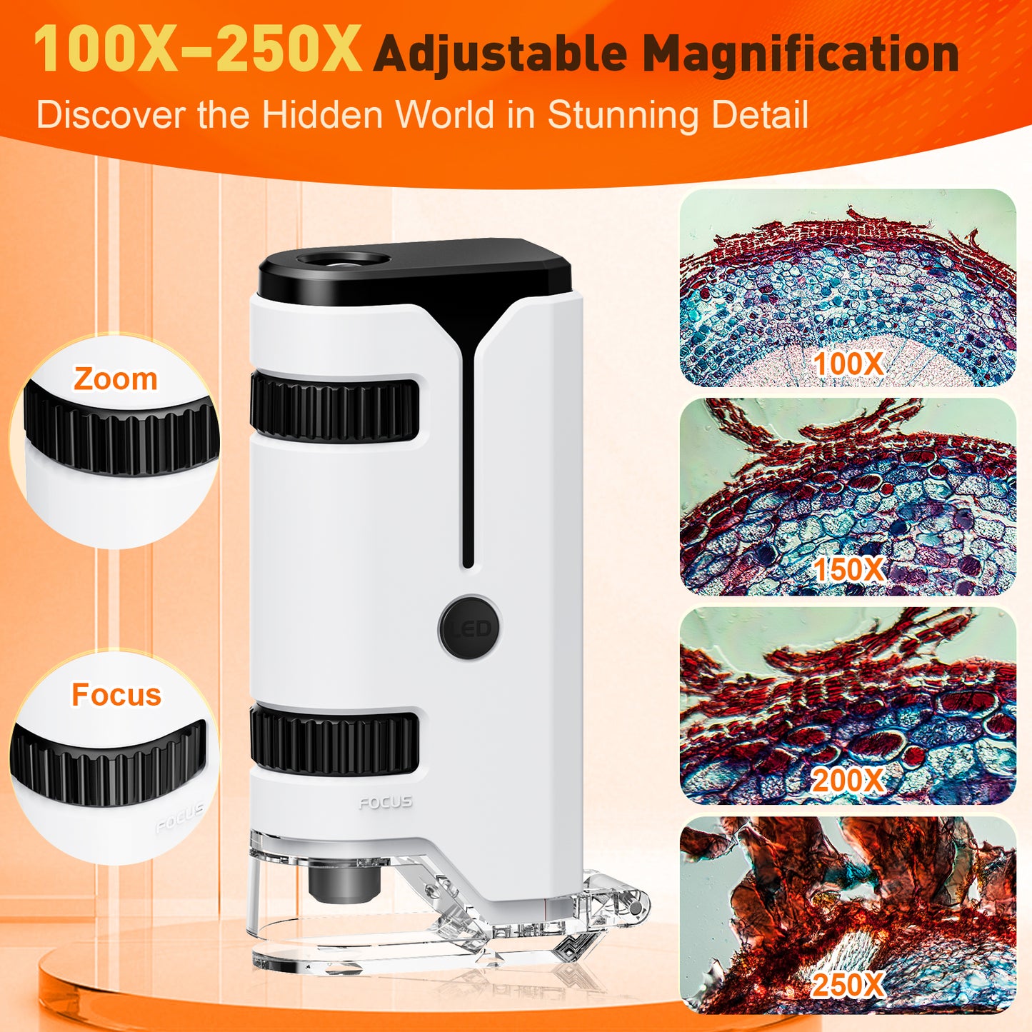 QUNSE Pocket Microscope 100x–250x, LED and UV Light, Portable Handheld Mini Microscope for Kids and Students, Semi-Apochromatic Optics, Phone Adapter, 5 Prepared Slides, EVA Case, White