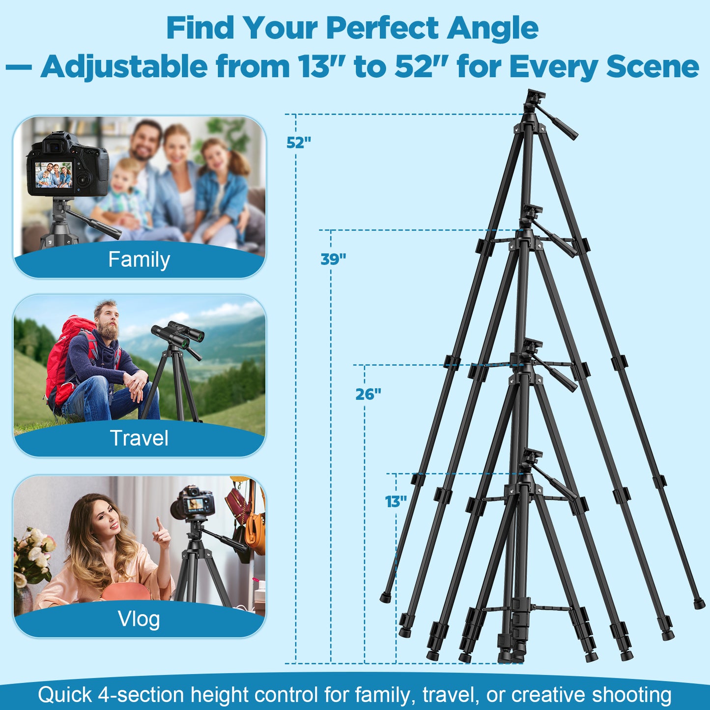 QUNSE 52" Aluminum Camera Tripod, Lightweight Travel Tripod for Camera & Phone with 360° Pan/180° Tilt Fluid Head, 4-Section Quick Release Stand with Universal 1/4" Screw
