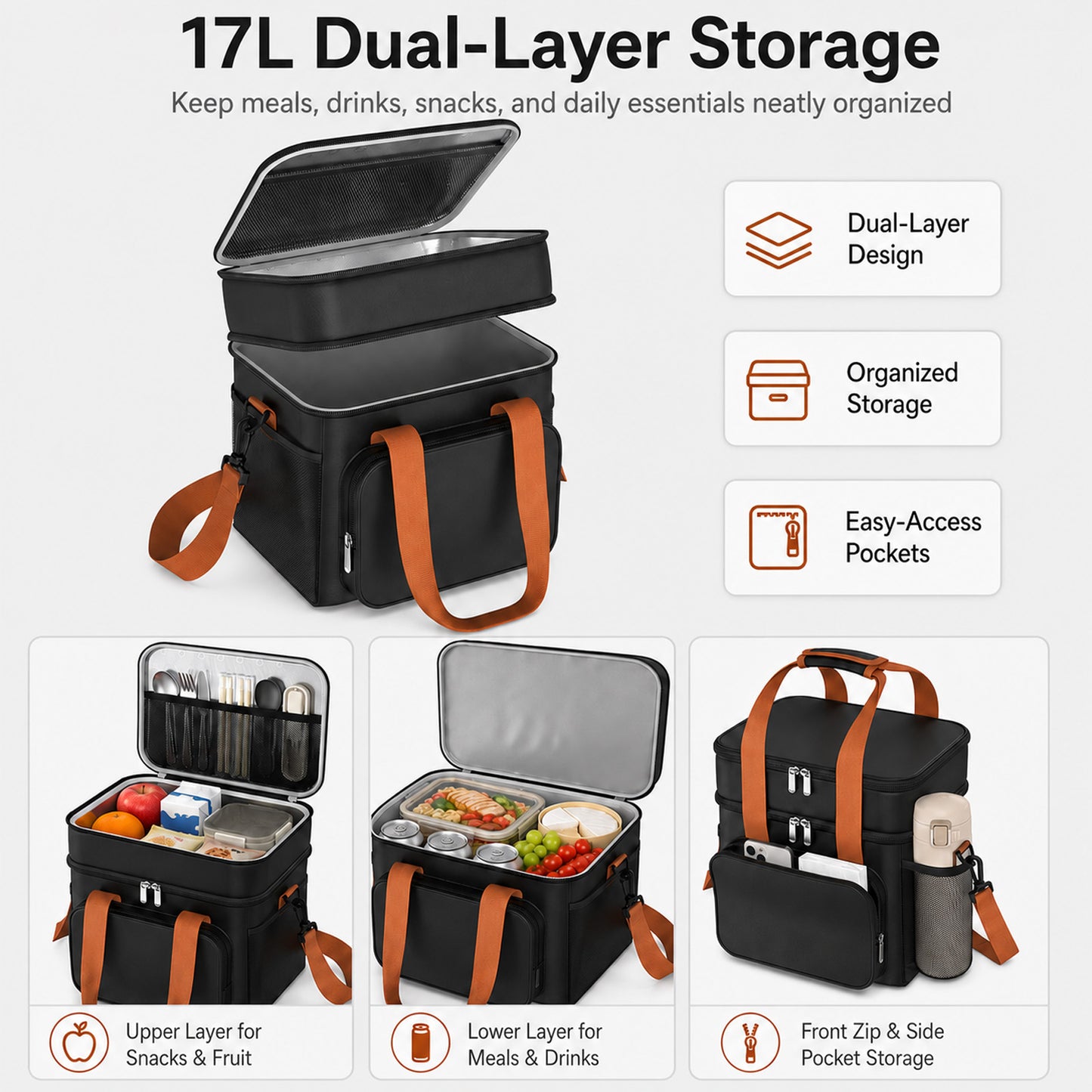 QUNSE Cooler Bag, 17L Dual-Layer Insulated Lunch Bag with Leakproof PEVA Lining, Soft Cooler Bag with Shoulder Strap for Lunch Box, Work, Picnic, Camping, Beach, Road Trip, Black