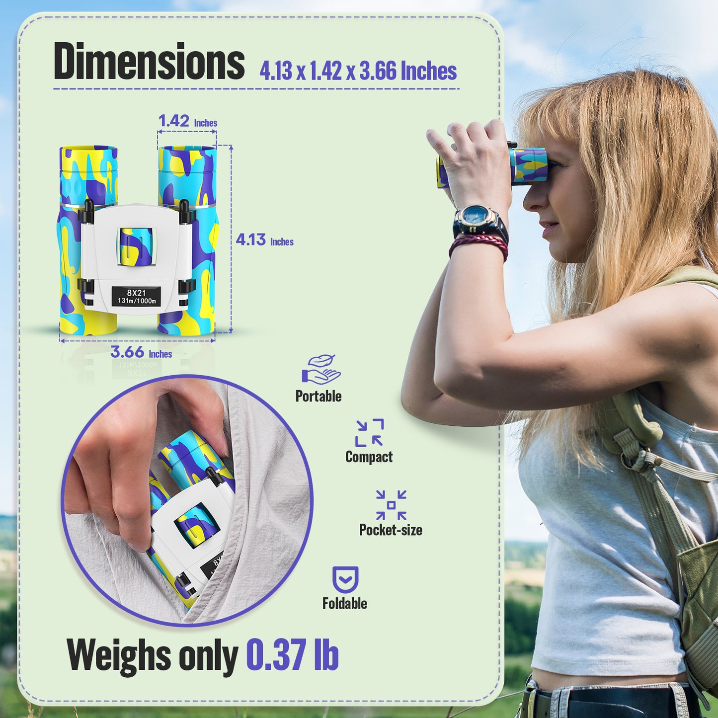 QUNSE 8×21 Compact Binoculars for Kids and Adults, Pocket Mini Binoculars, Ideal for Bird Watching, Travel, and Hunting, Great Gift for Boys and Girls (Yellow and blue)