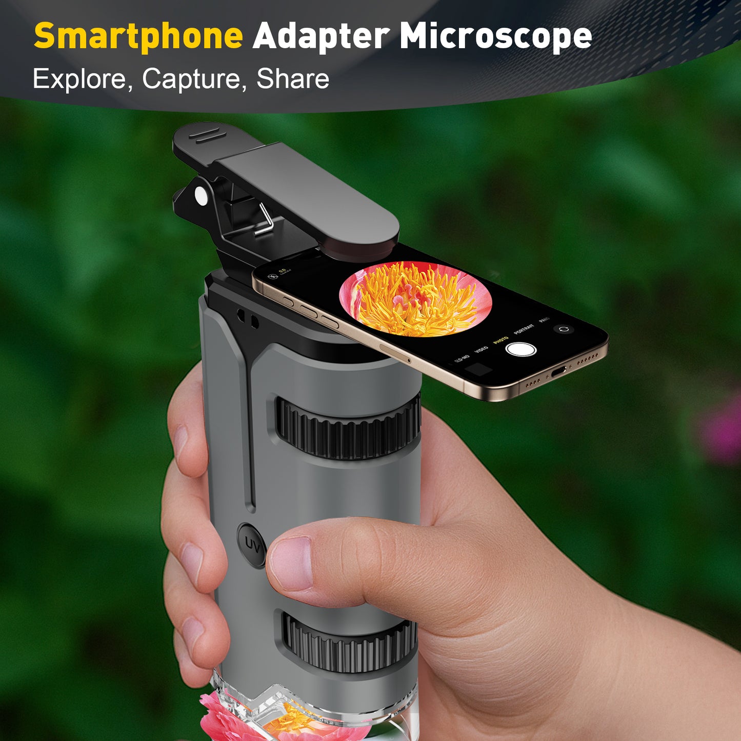 QUNSE STEM Pocket Microscope 100x–250x for Kids, Portable Handheld with LED and UV Light, Phone Adapter, 5 Slides, EVA Carry Case, Grey