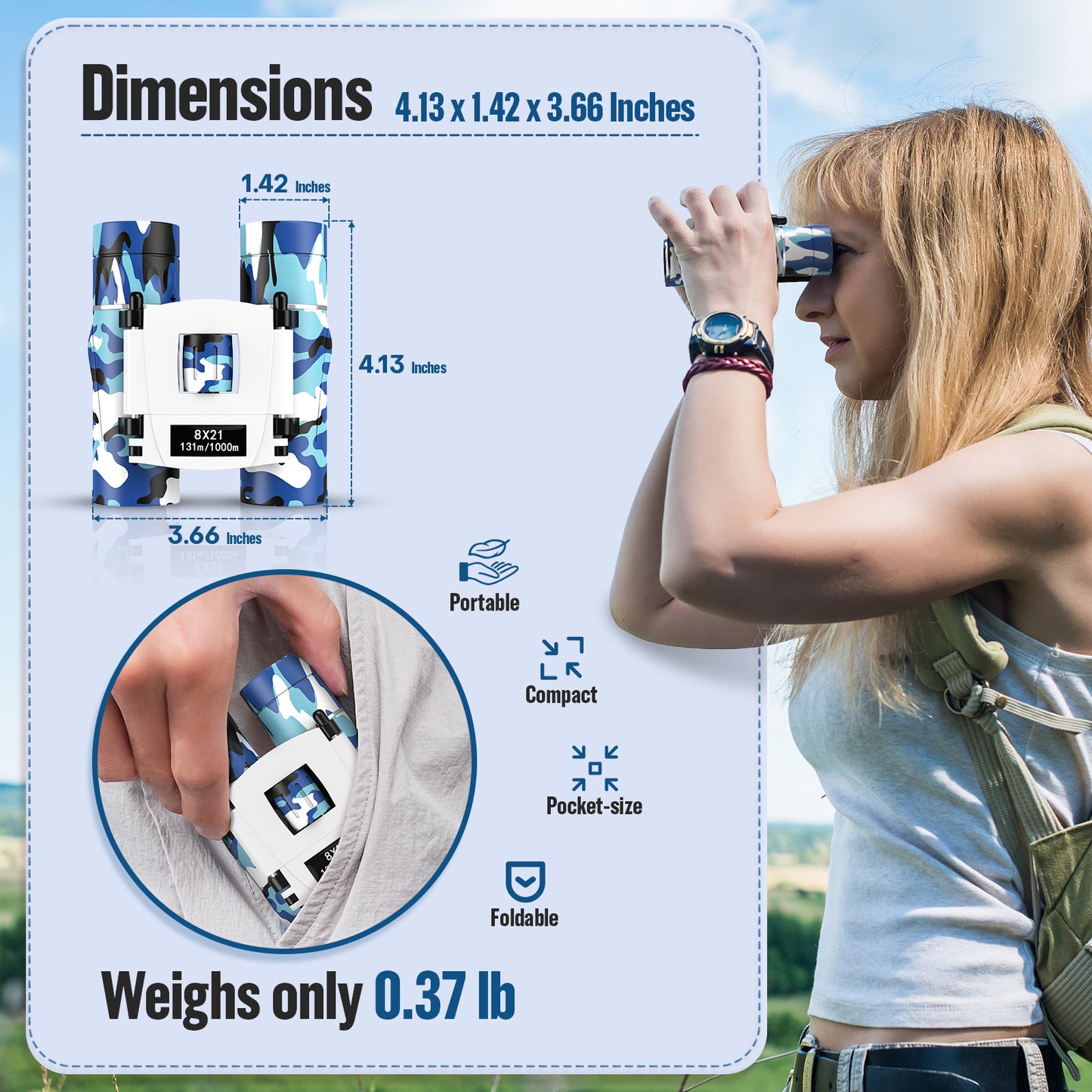 QUNSE 8×21 Mini Pocket Binoculars, Compact Binoculars for Kids and Adults, Ideal for Bird Watching, Travel, and Hunting, Great Gift for Boys and Girls (Blue and white)