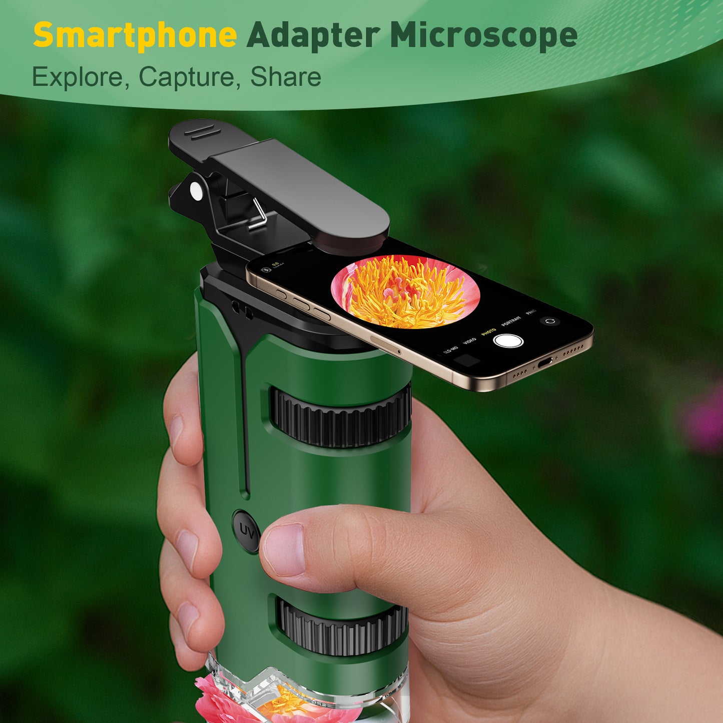 QUNSE Pocket Microscope for Kids and Students, 100x–250x Portable Handheld with LED and UV, Semi-Apochromatic Optics, Phone Adapter and Prepared Slides, Green