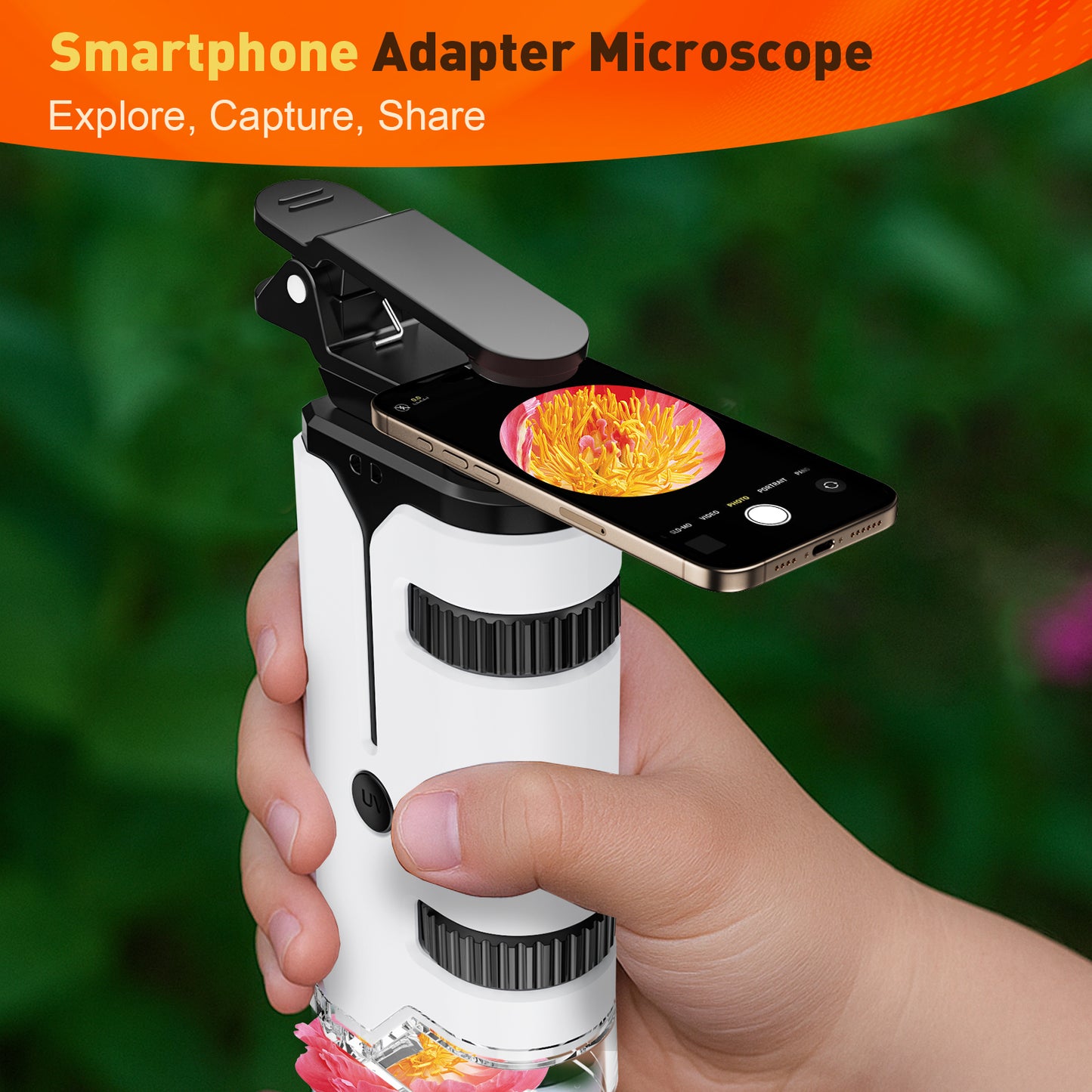 QUNSE Pocket Microscope 100x–250x, LED and UV Light, Portable Handheld Mini Microscope for Kids and Students, Semi-Apochromatic Optics, Phone Adapter, 5 Prepared Slides, EVA Case, White