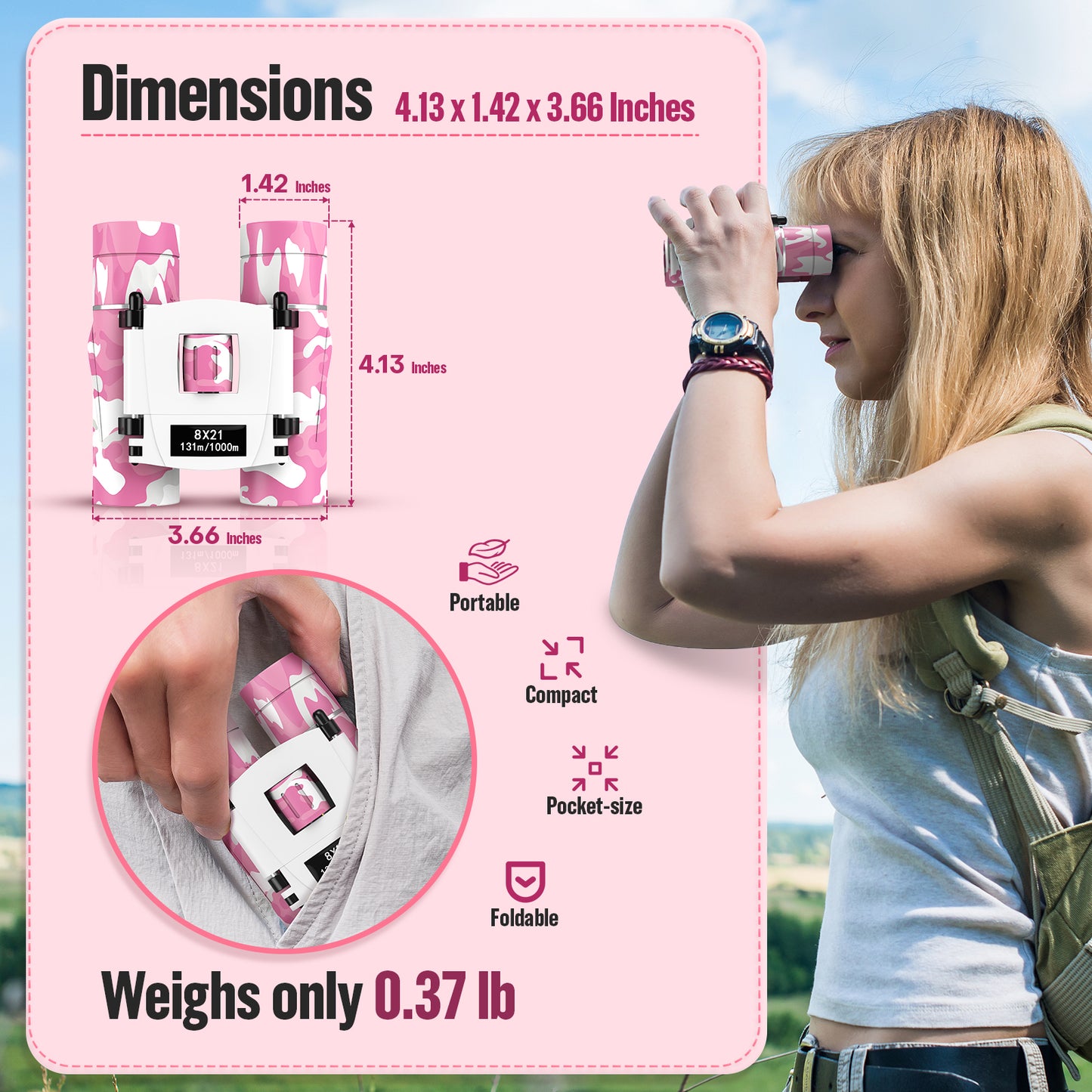 QUNSE Compact Binoculars for Kids and Adults, 8×21 Mini Pocket Binoculars, Ideal for Bird Watching, Travel, and Hunting, Great Gift for Boys and Girls (Pink and white)