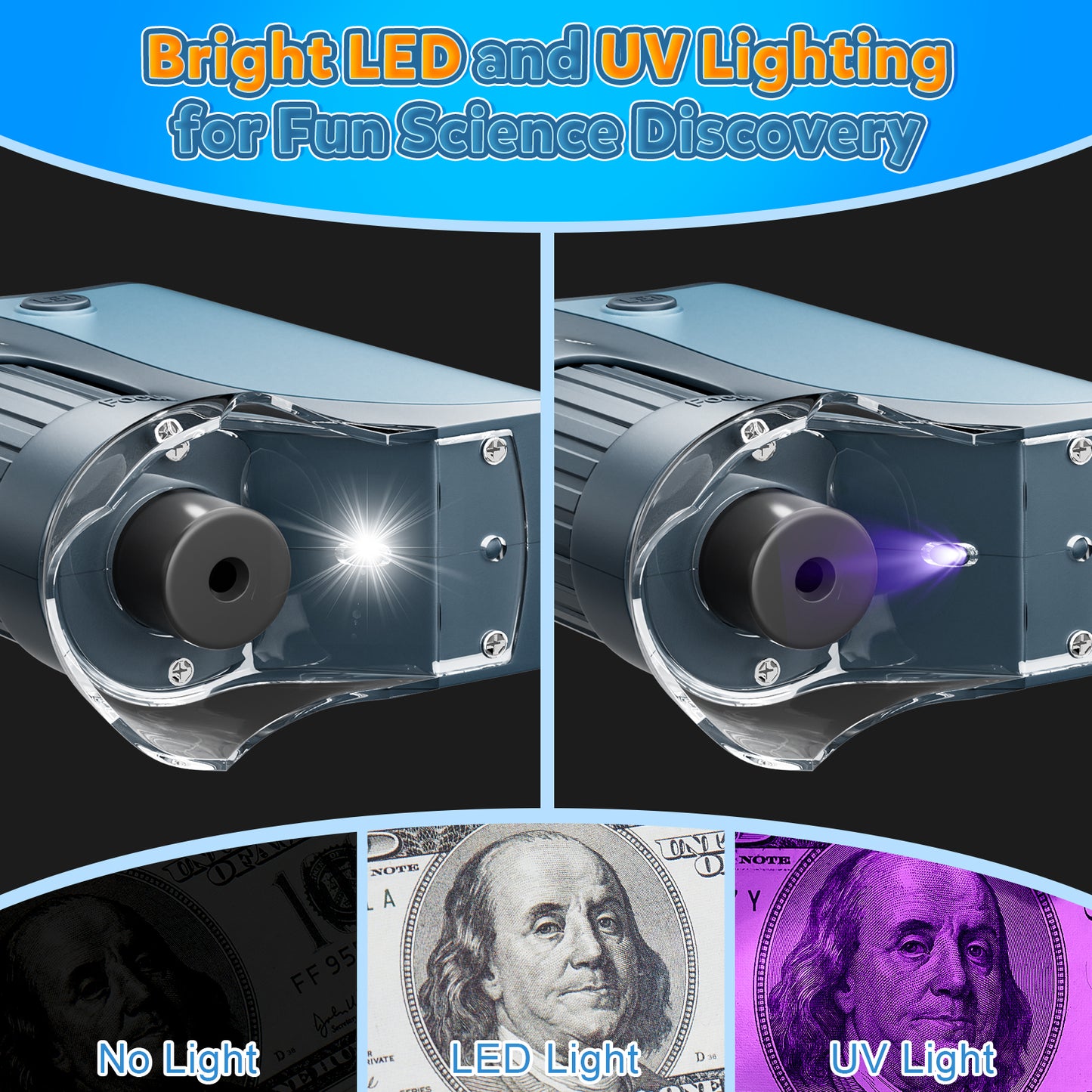 QUNSE Pocket Microscope 60X–120X True Optical, Achromatic Lens, LED and UV Light, Portable Handheld Kids Microscope for Students with 5 Prepared Slides, Phone Adapter, Carrying Bag (Blue)