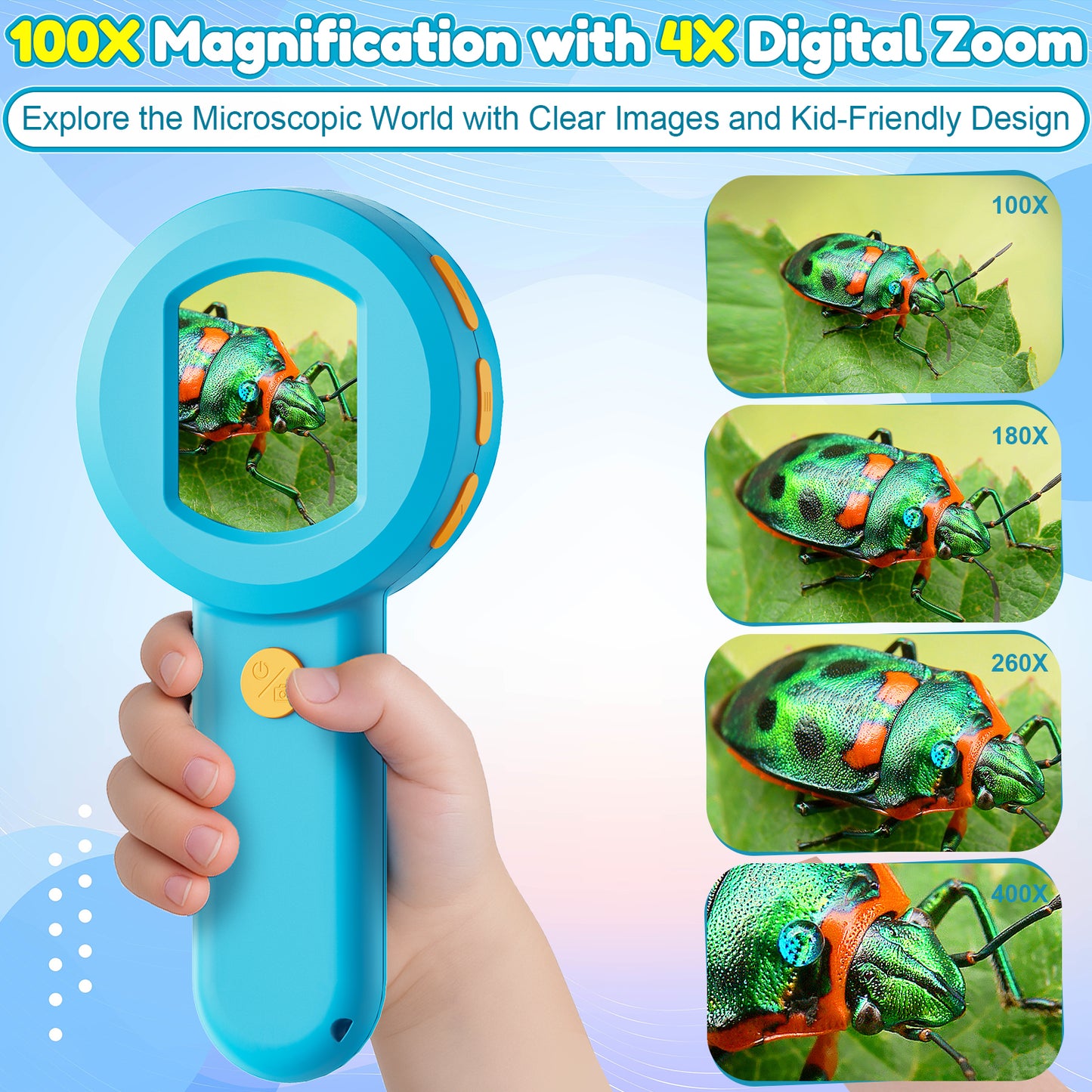 QUNSE Digital Microscope for Kids, 2.0" IPS Screen 100X - 400X Handheld STEM Science Toy with 8 LED Lights, Rechargeable Mini Pocket Microscope for Boys and Girls, Blue