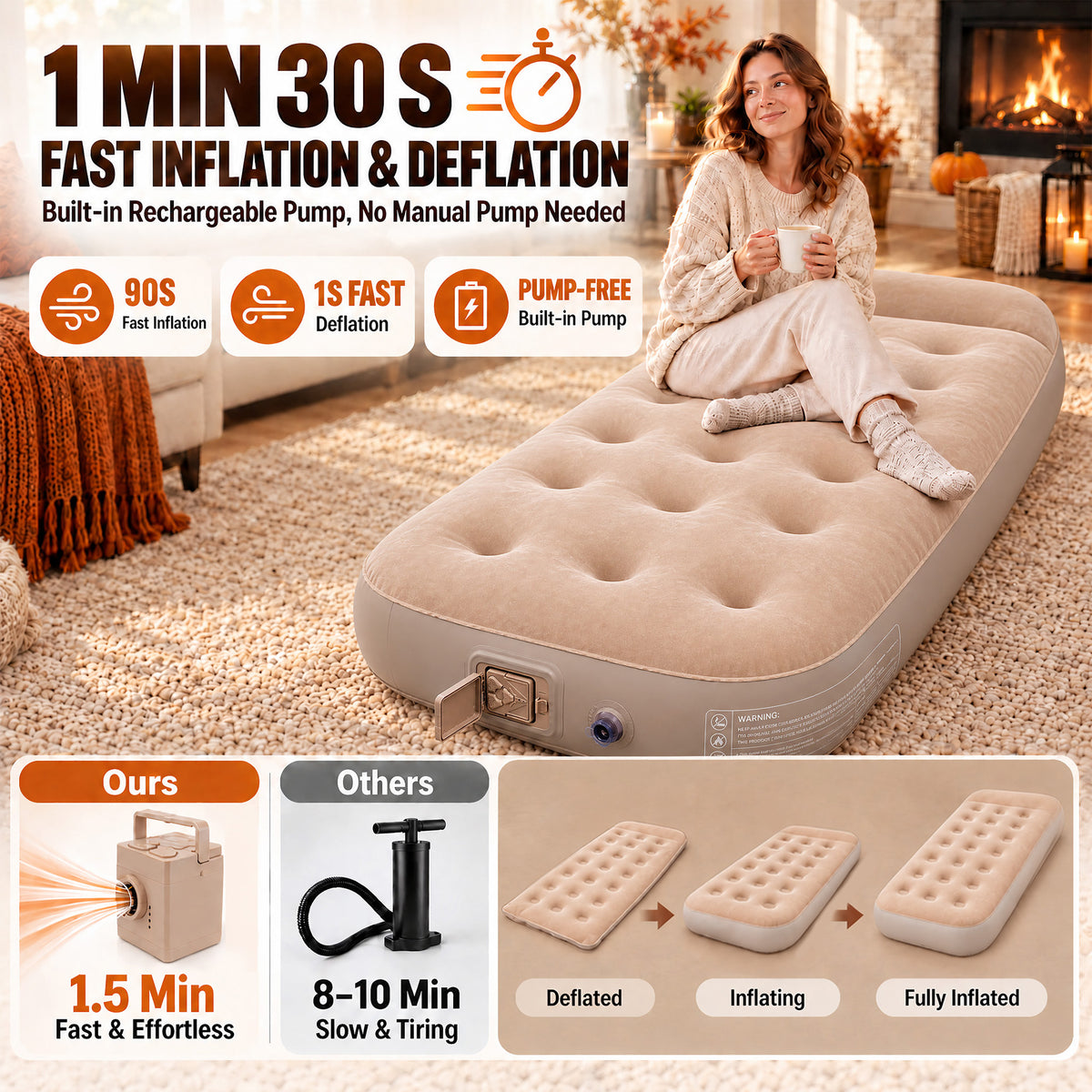 Inflatable Air Mattress, 10'' Extra Thick Pillow, 441 lbs Weight Capacity & Built‑in Rechargeable Pump, Blow Up Mattress for Tent, Camping, Cot, Car (Twin)