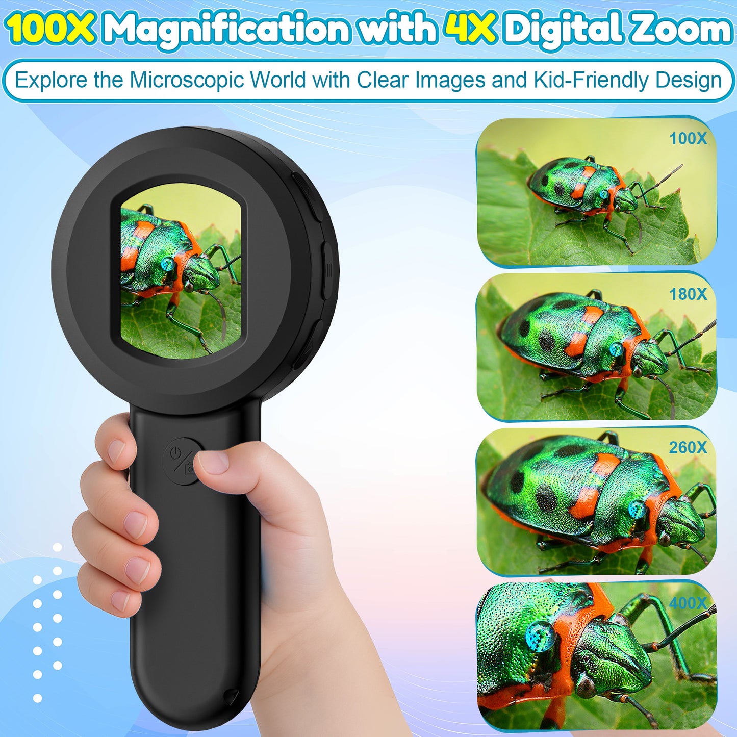 QUNSE 100X - 400X Digital Microscope for Kids, 2.0" IPS Display Handheld Science Tool with 8 LED Lights and 16MP Camera, Rechargeable Pocket Microscope, Black