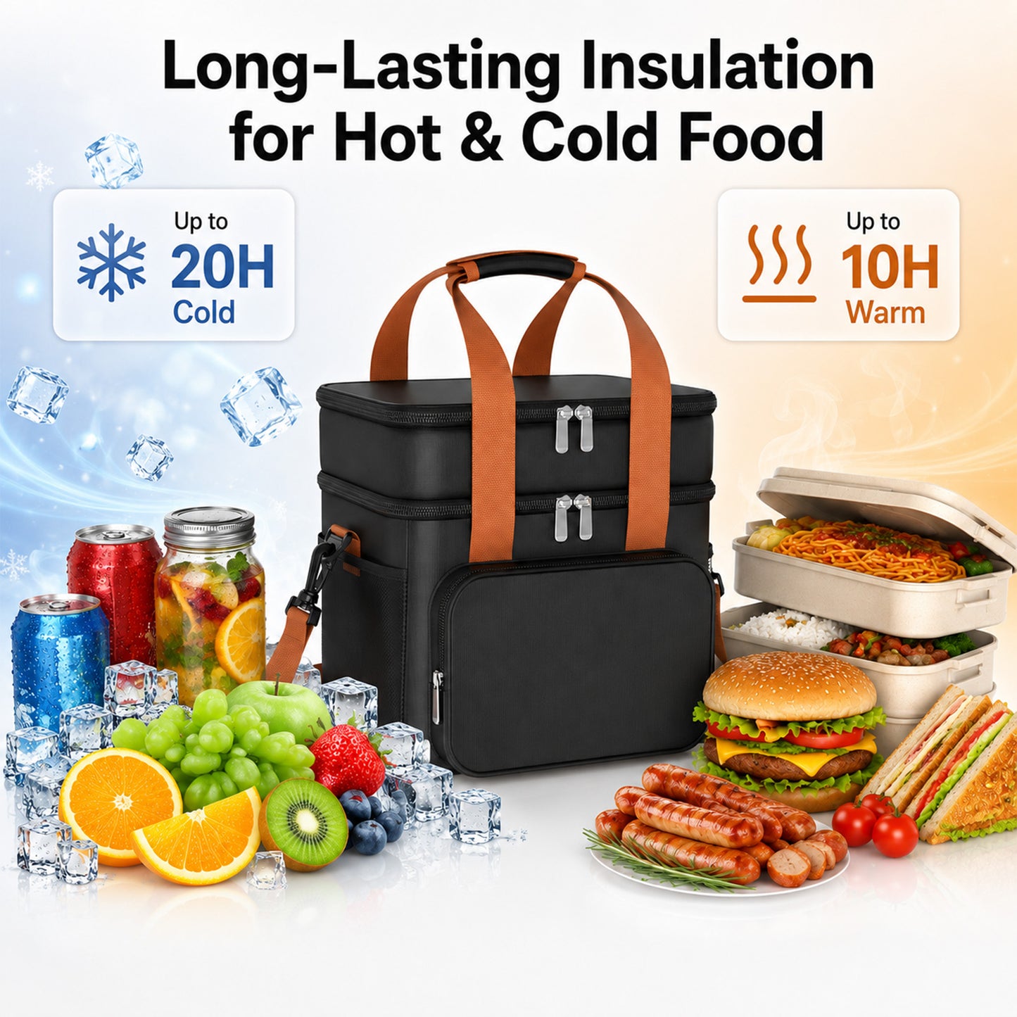 QUNSE Cooler Bag, 17L Dual-Layer Insulated Lunch Bag with Leakproof PEVA Lining, Soft Cooler Bag with Shoulder Strap for Lunch Box, Work, Picnic, Camping, Beach, Road Trip, Black