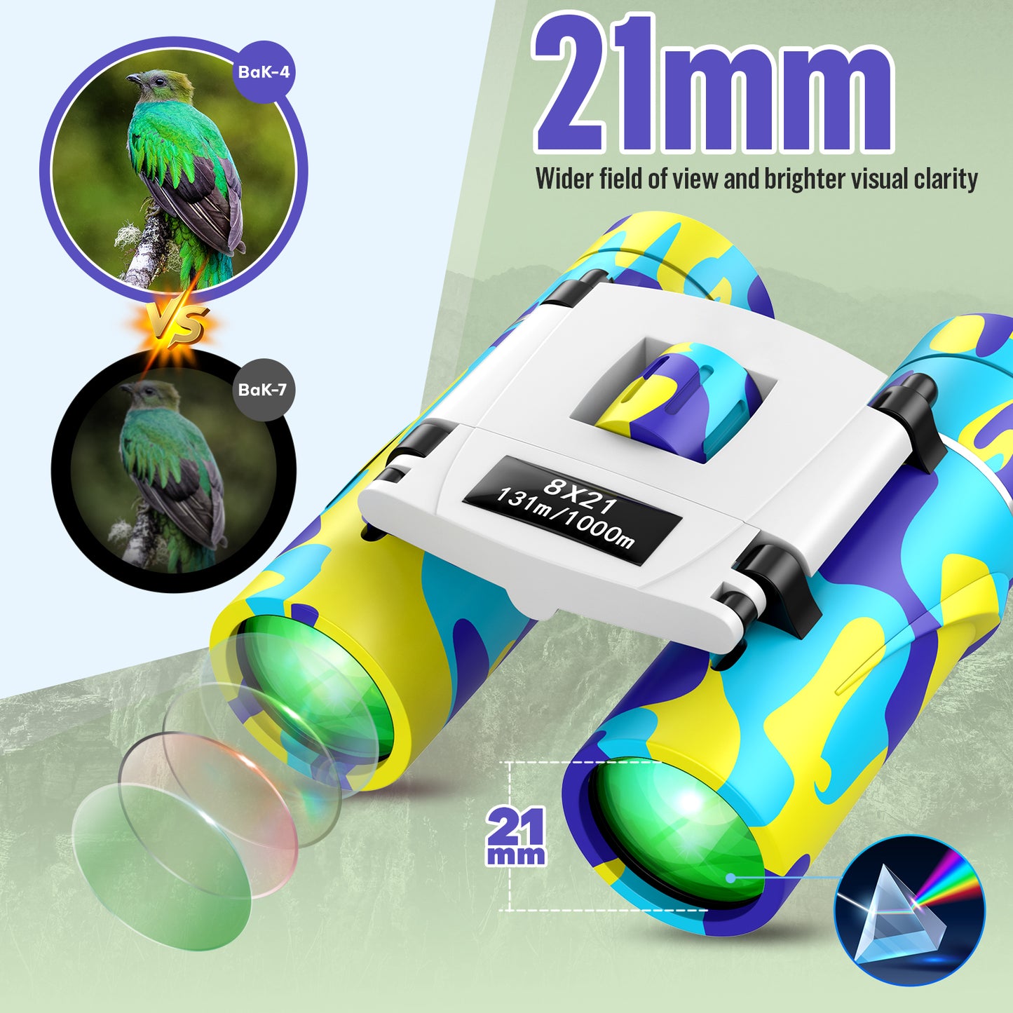 QUNSE 8×21 Compact Binoculars for Kids and Adults, Pocket Mini Binoculars, Ideal for Bird Watching, Travel, and Hunting, Great Gift for Boys and Girls (Yellow and blue)