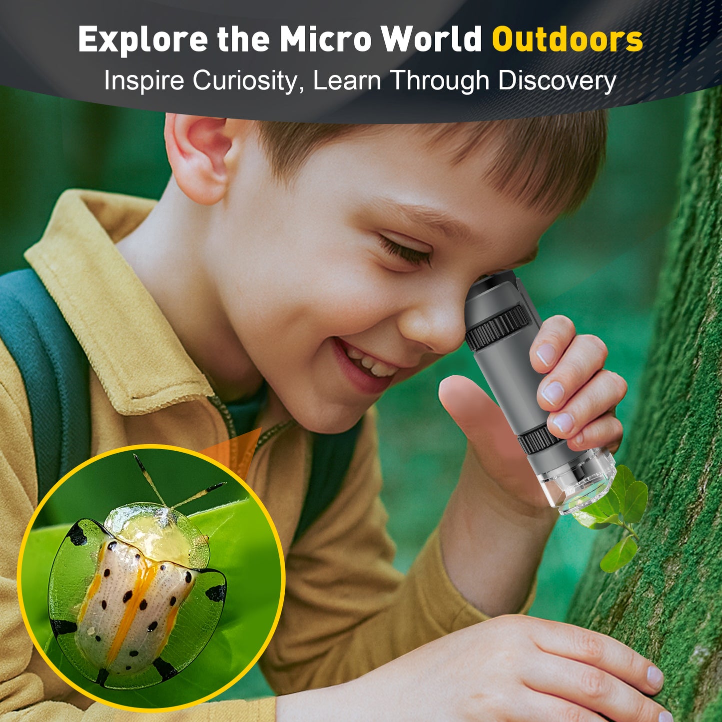 QUNSE STEM Pocket Microscope 100x–250x for Kids, Portable Handheld with LED and UV Light, Phone Adapter, 5 Slides, EVA Carry Case, Grey